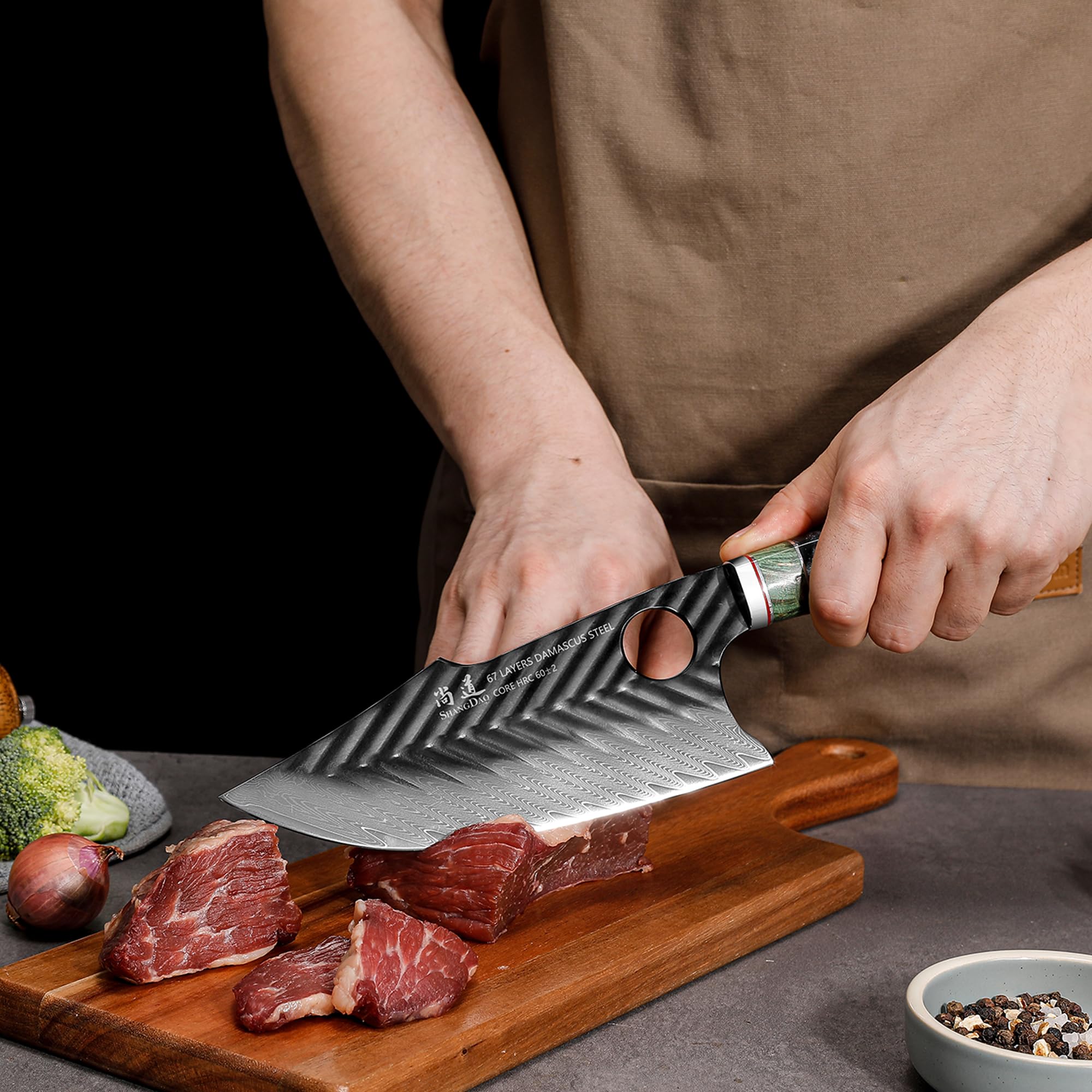 SHANGDAO Coltello da macellaio Damasco 17,5 cm Coltelli da cucina mannaia vichinga con fodero in pelle 67 strati di acciaio legato con resina forgiata a mano professionale e manico in legno