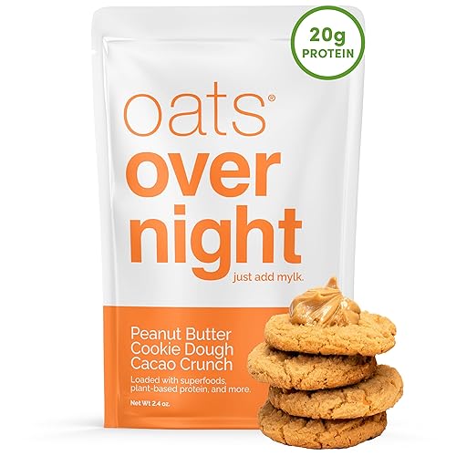 Oats Overnight - Masa de galletas de mantequilla de maní con cacao crujiente - Vegano, 0.71 oz de proteína, batido de desayuno alto en fibra - Sin