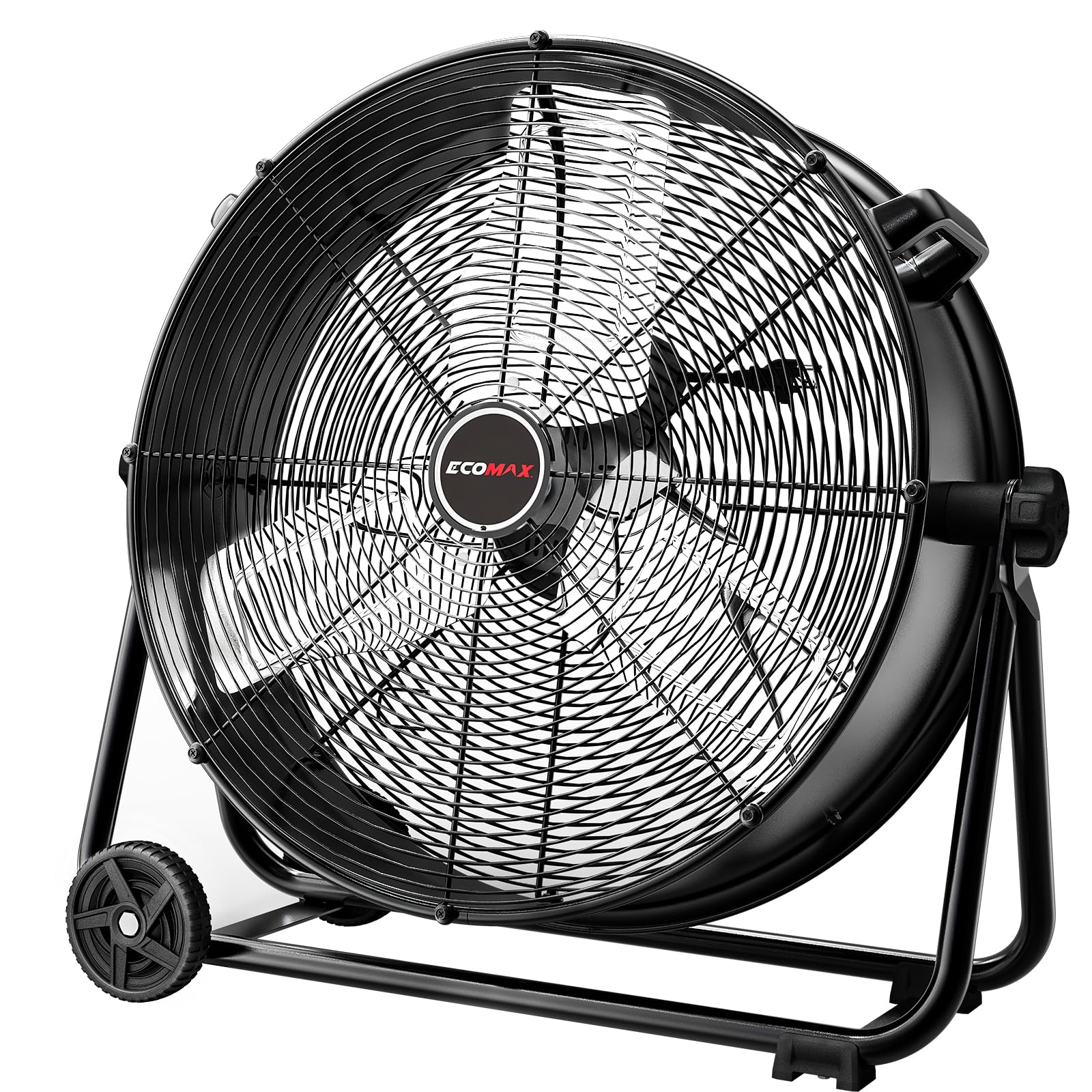 ECOMAX 24" High Velocity Industrial Drum Fan, 3300 CFM 3-Speed, 360° Tilting Head, Heavy-Duty Metal Construction with Aluminum Blades, Built-in Cord Storage, for Commercial & Industrial Use