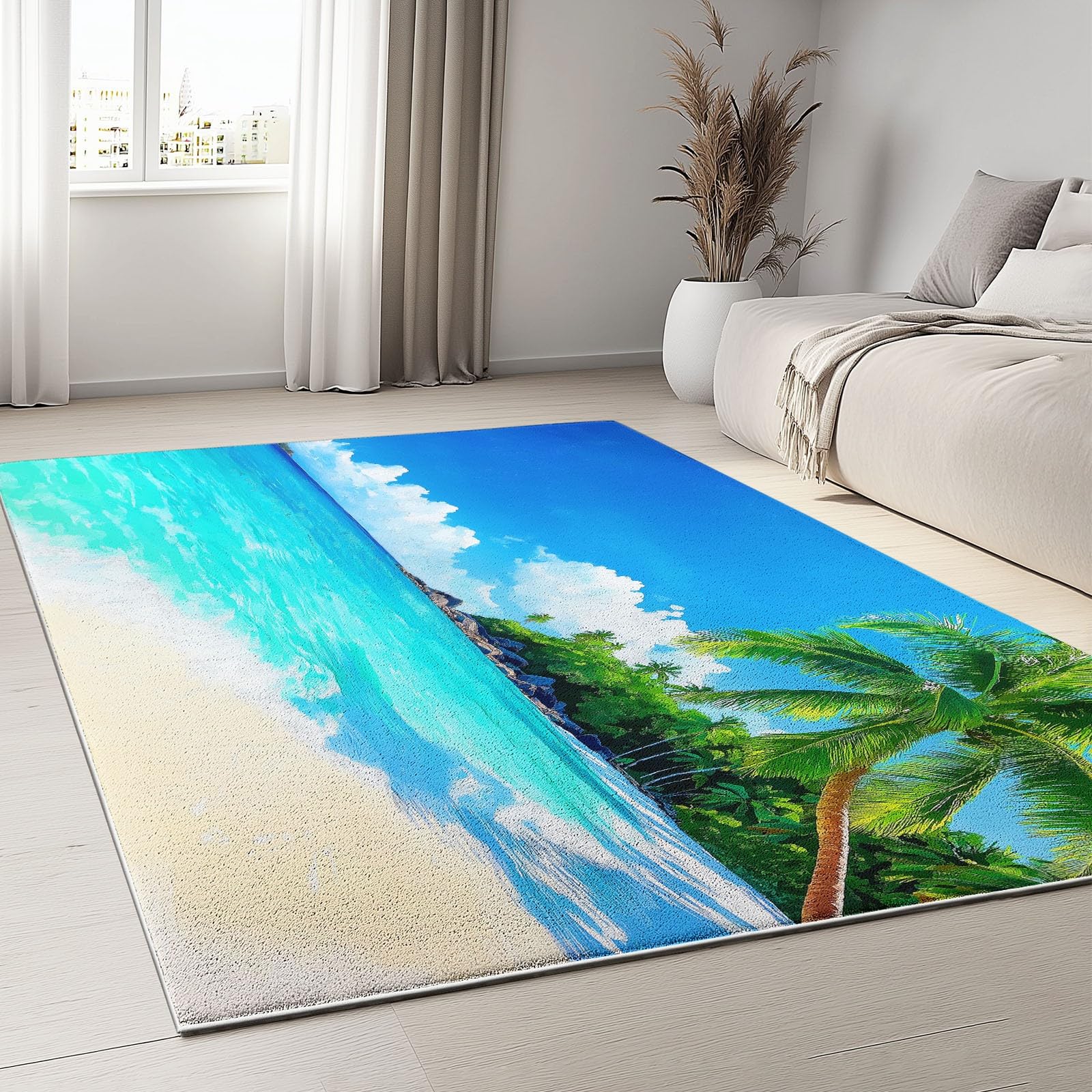 Générique Tapis de Salon Lavable en Machine 140 x 200 cm Doux à Poils Courts Moelleux Style Tropical Tapis antidérapant, Vagues de Plage Palmiers et Îles pour Le l'entrée, la Chambre et la Cuisine