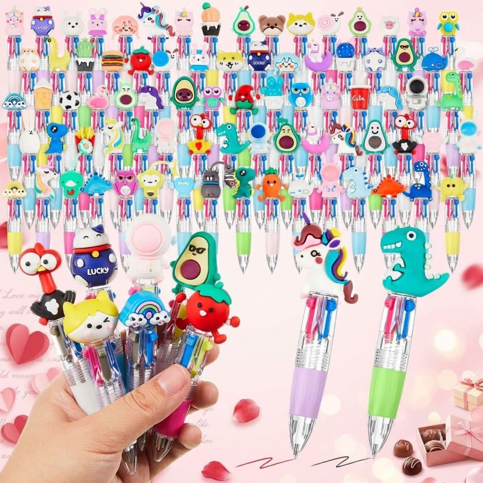 Humyoun 80 Pcs Mini Multicolor Pen in One 4 in 1 Valentines Cute Fun Ballpoint Ink Pens Bulk Fun Gifts for Birthday Valentines Stationery Party Favor