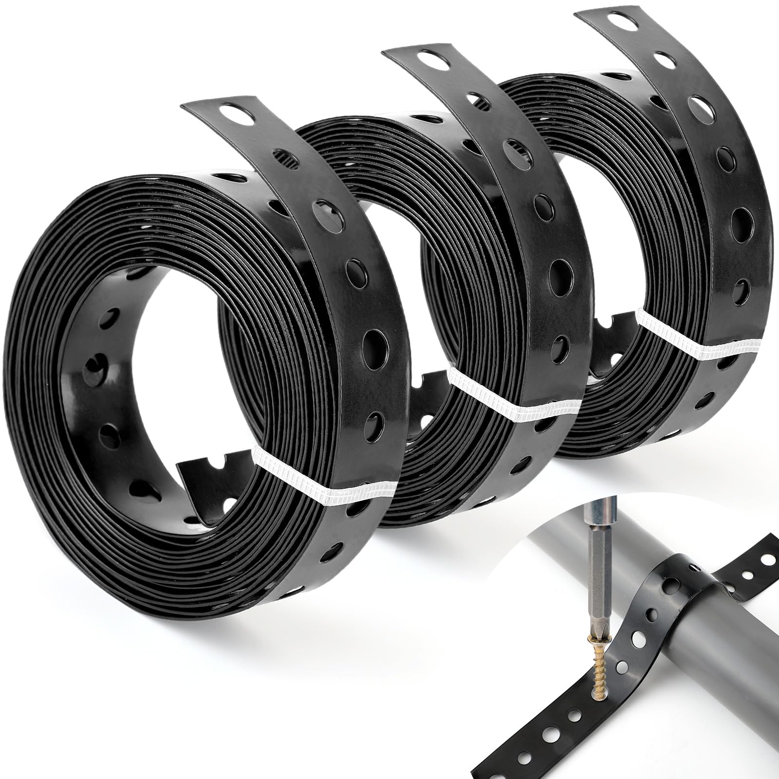 3 Rolls Black Metal Strapping with Holes, 3/4 Inch X 10 Feet 24 Gauge Galvanized Pipe Hanger Strap, Flexible Trimming Pipe Hangers and Supports (3)