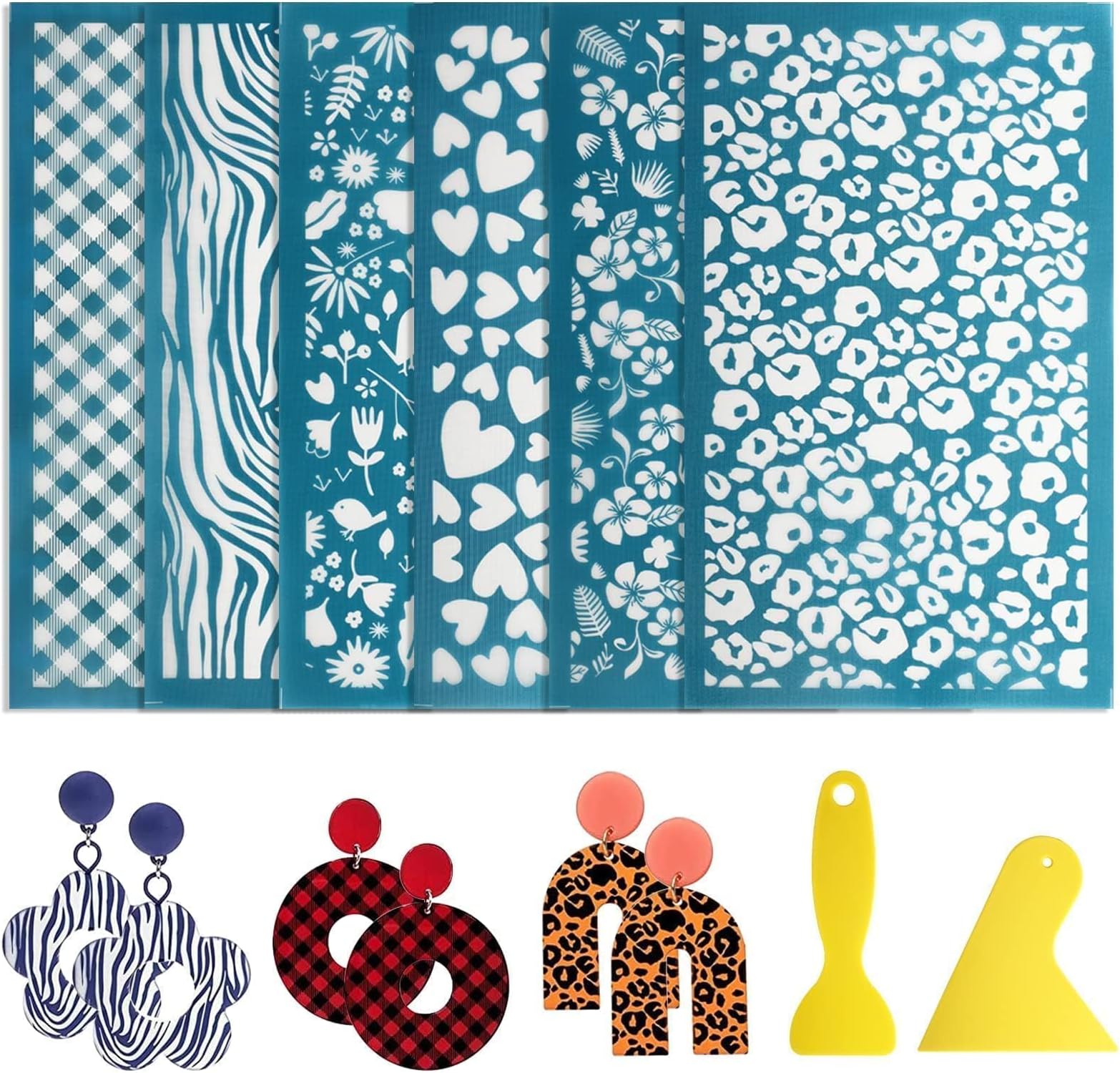 EEEKit 6 Pcs Silk Screen Stencils for Polymer Clay Cutter, 15 x 9CM Polymer Clay Tools with 2 Scrapers for DIY Jewelry Making