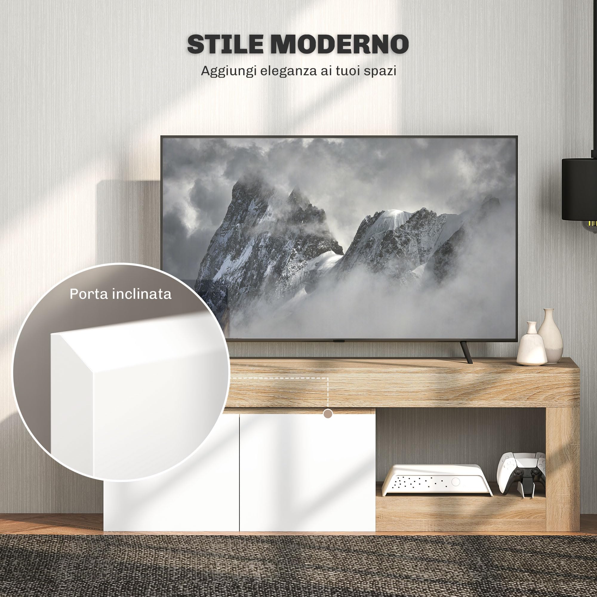 HOMCOM Mobile Porta TV 60" con Armadietto 2 Ante e Ripiano Aperto, Mobile TV in Legno per Salone, Camera da letto, Salotto e Soggiorno, 140x40x48 cm, Legno Naturale