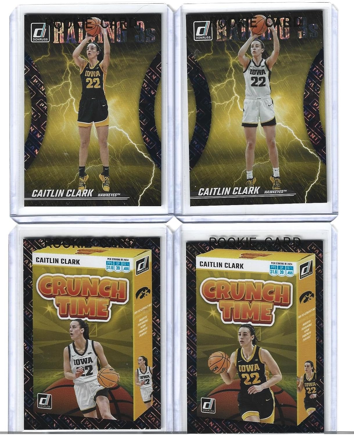 Caitlin Clark 4 Card Rookie Lot Short Print Railing 3s & Crunch Time Exclusives High Gloss Foil In Rookie Top Loaders Iowa/Indiaa Superstar Basketball Player