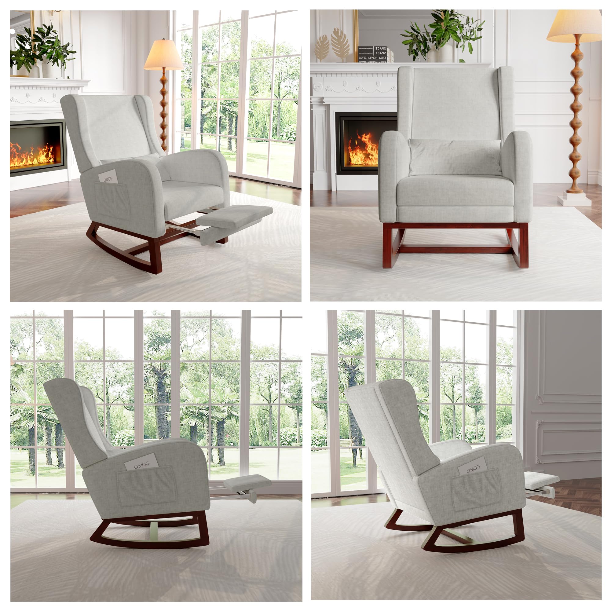 Fauteuil a Bascule, Fauteuil d'allaitement en Velours avec Repose-Pieds, Coussin Lombaire et Poche Latérale, Chaise Allaitement Chambre Bebe Rocking Chair Bois Interieur pour Salon, Chambre à Coucher
