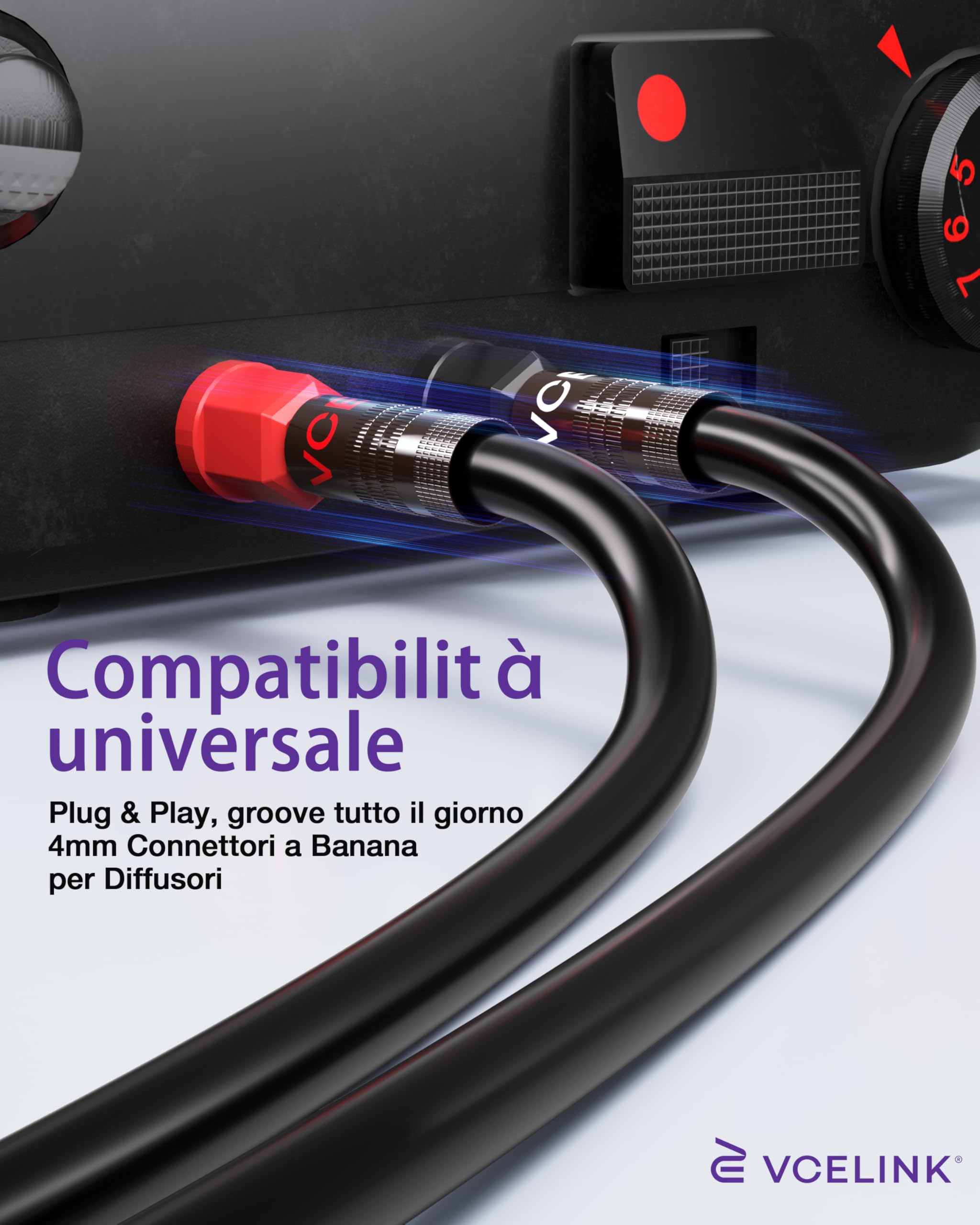 VCELINK 4mm Connettori a Banana, Placcate in oro 24K Connettori Banane Hifi a Doppia Vite per Fili da 12-18 AWG, Piastra a muro, Amplificatore, Home Theater, 4 Pezzie