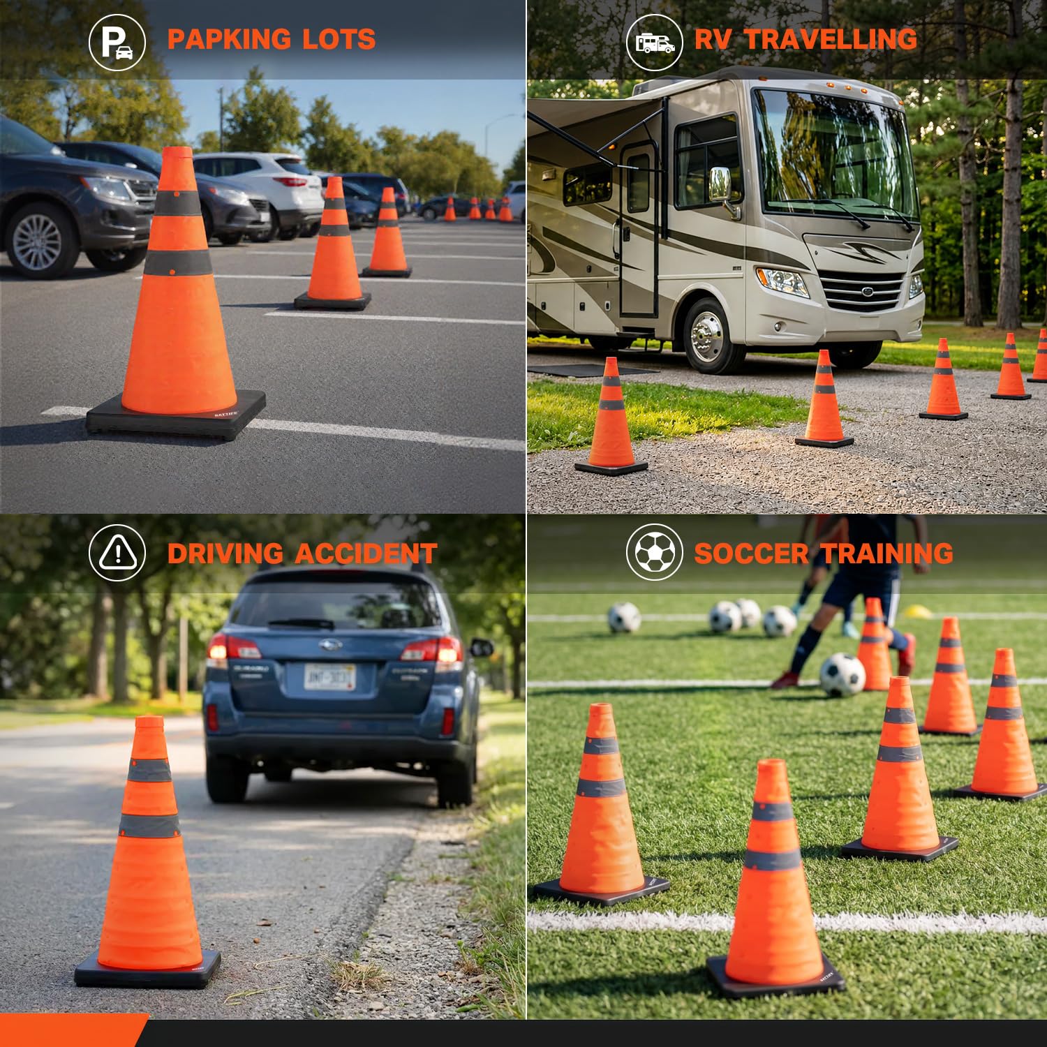 BATTIFE 18 Inch Collapsible Traffic Safety Cones Orange Plastic Base 4 Pack | Collapsible folds flat, reflective strips, sturdy PVC, lightweight,ideal for parking, driving, construction, emergencies