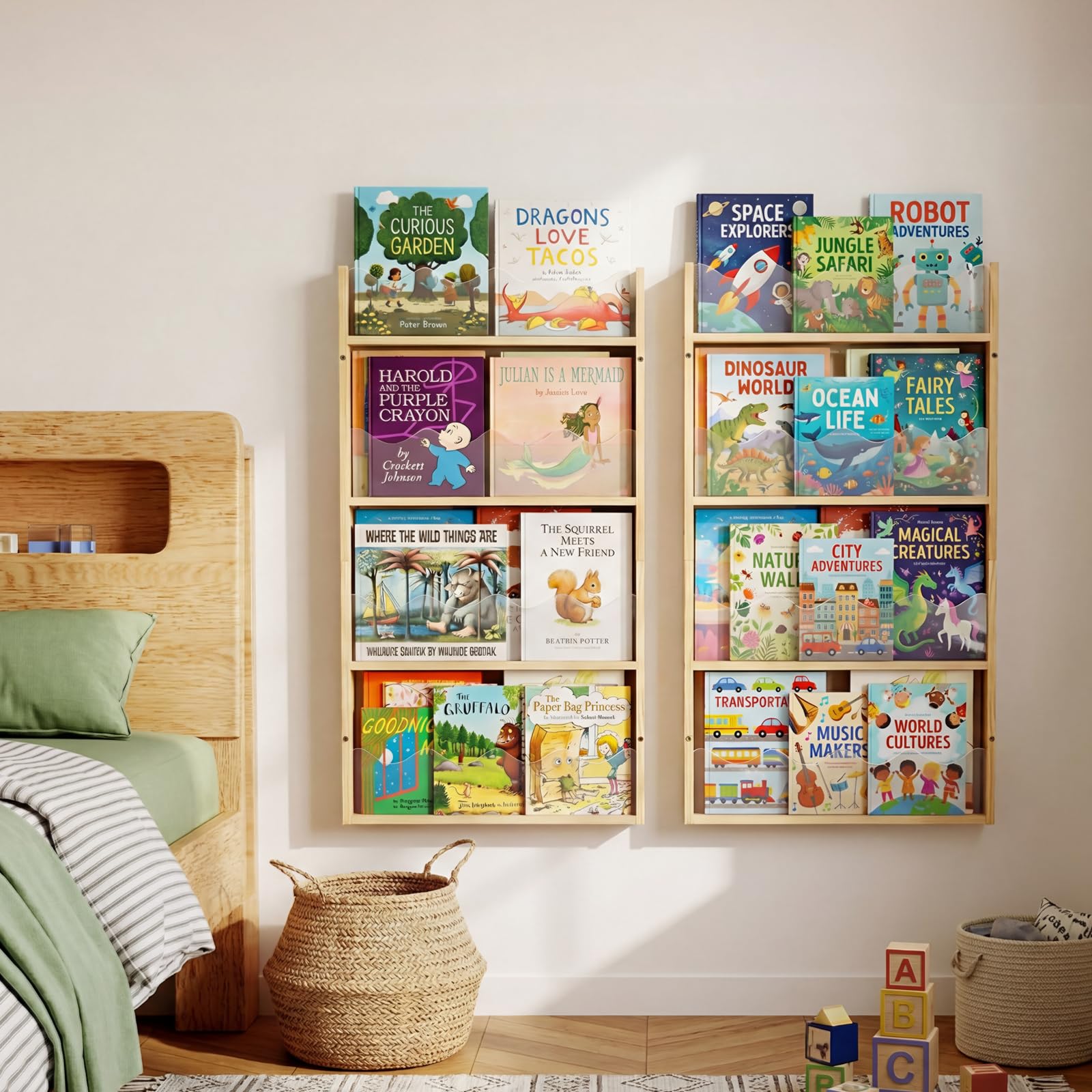Étagère Murale 4 Niveaux Chambre d'enfant Bois & Acrylique - Étagère à Livres Flottante Chambre Bébé, Étagère Montessori Murale, Rangement Livres Enfant, Organisateur de Jouets & Livres