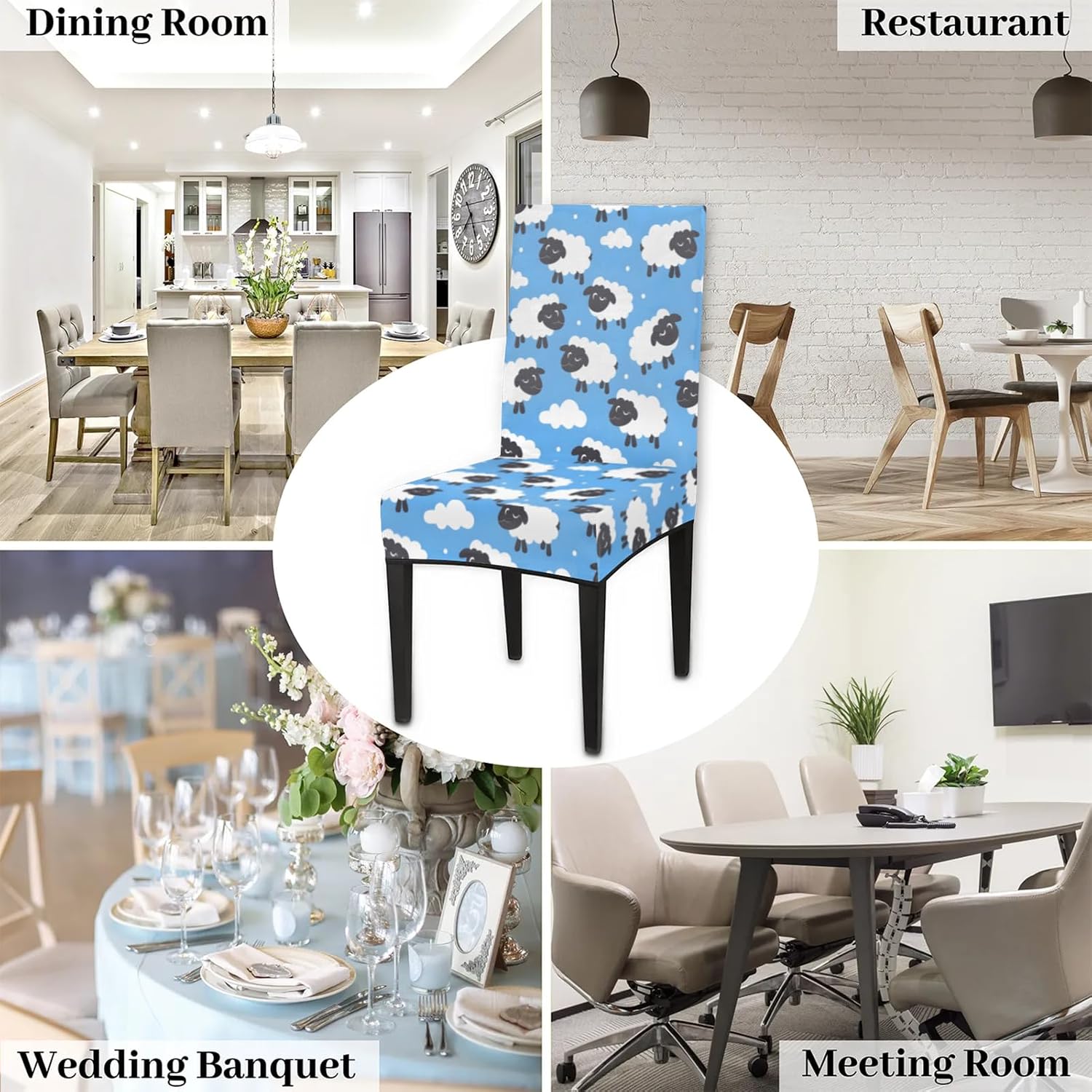 QsirBC Cute Sheep Stretch Dining Room Chair Covers Set of 4 Chair Slipcovers Removable Washable Kitchen Seat Covers Chair Protectors for Hotel Party Wedding