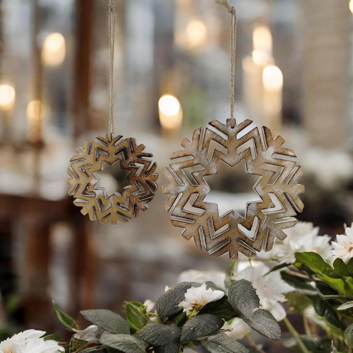 Set of 2 Rustic Wooden Snowflake Ornaments – White-Wash Farmhouse Christmas Tree Décor – Vintage-Inspired Holiday Decorations for Christmas Tree, Wreaths, and Festive Home Décor – Cozy Winter Accents.