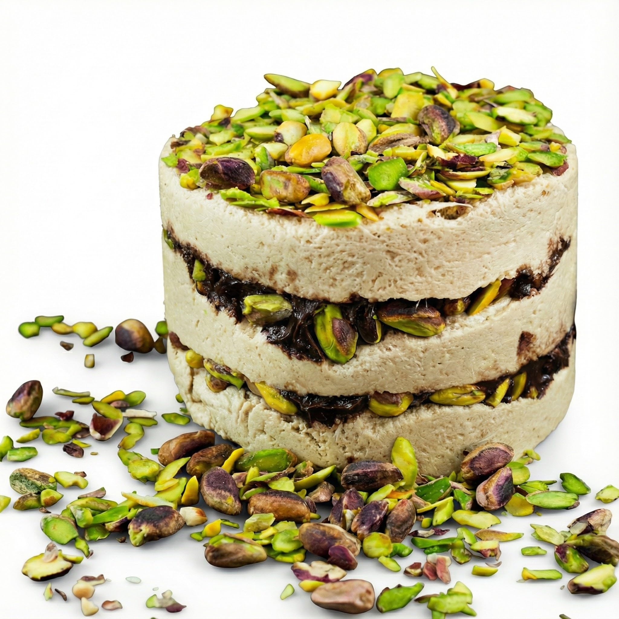 Pistazien & Schokolade - Köstliche Halva aus der Türkei 450 g – Spezielle Helva in Tortenform, Tahini-Helva – 52% Sesampaste – Glutenfrei – Ohne Glukosesirup, Palmöl & – Halwa