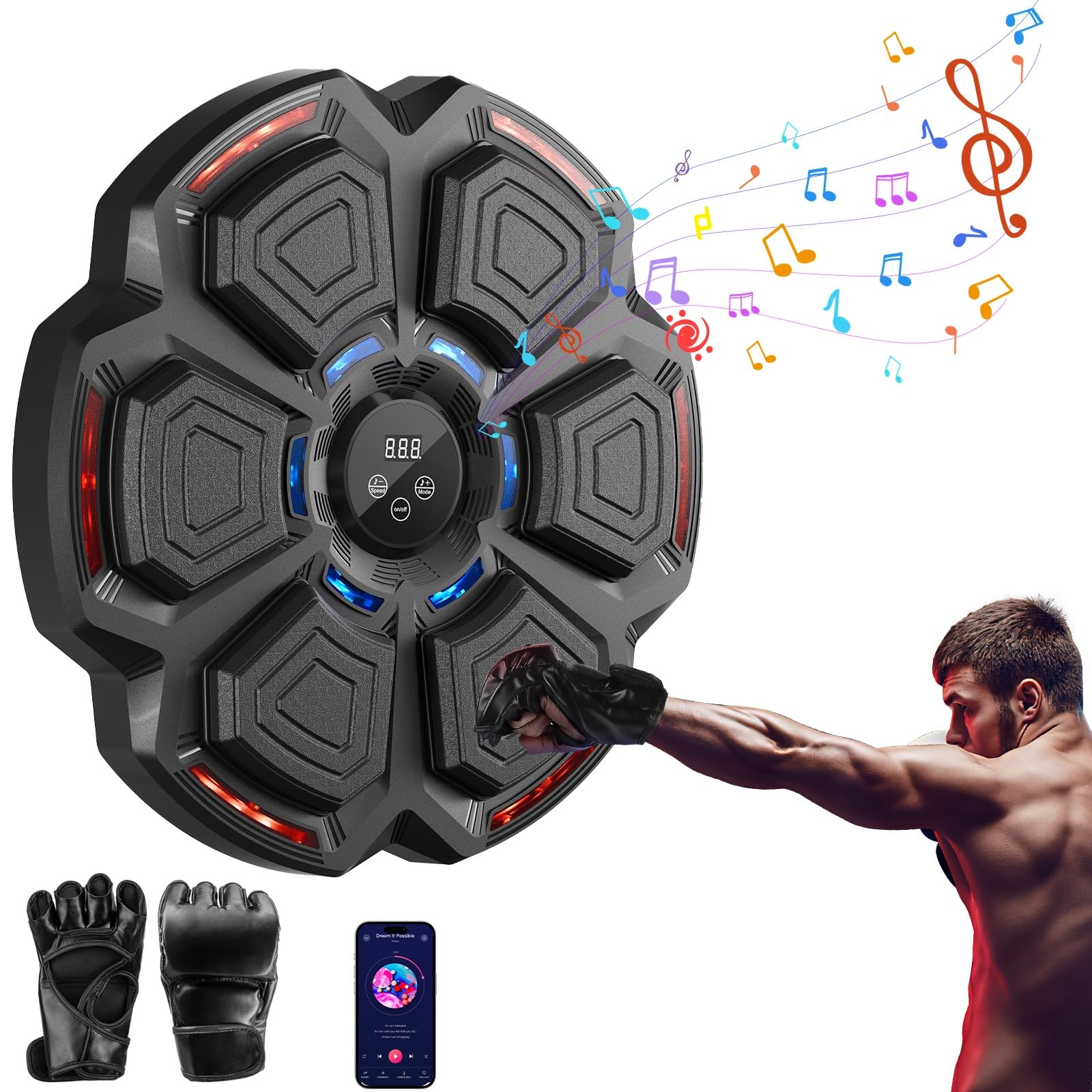 FOOING Macchina da Boxe Musicale Smart con Bluetooth, Luci LED e Livelli di velocità per Adulti e Bambini, Attrezzo per Allenamento con Guantoni da Boxe per Ridurre Lo Stress e Allenamento Domestico