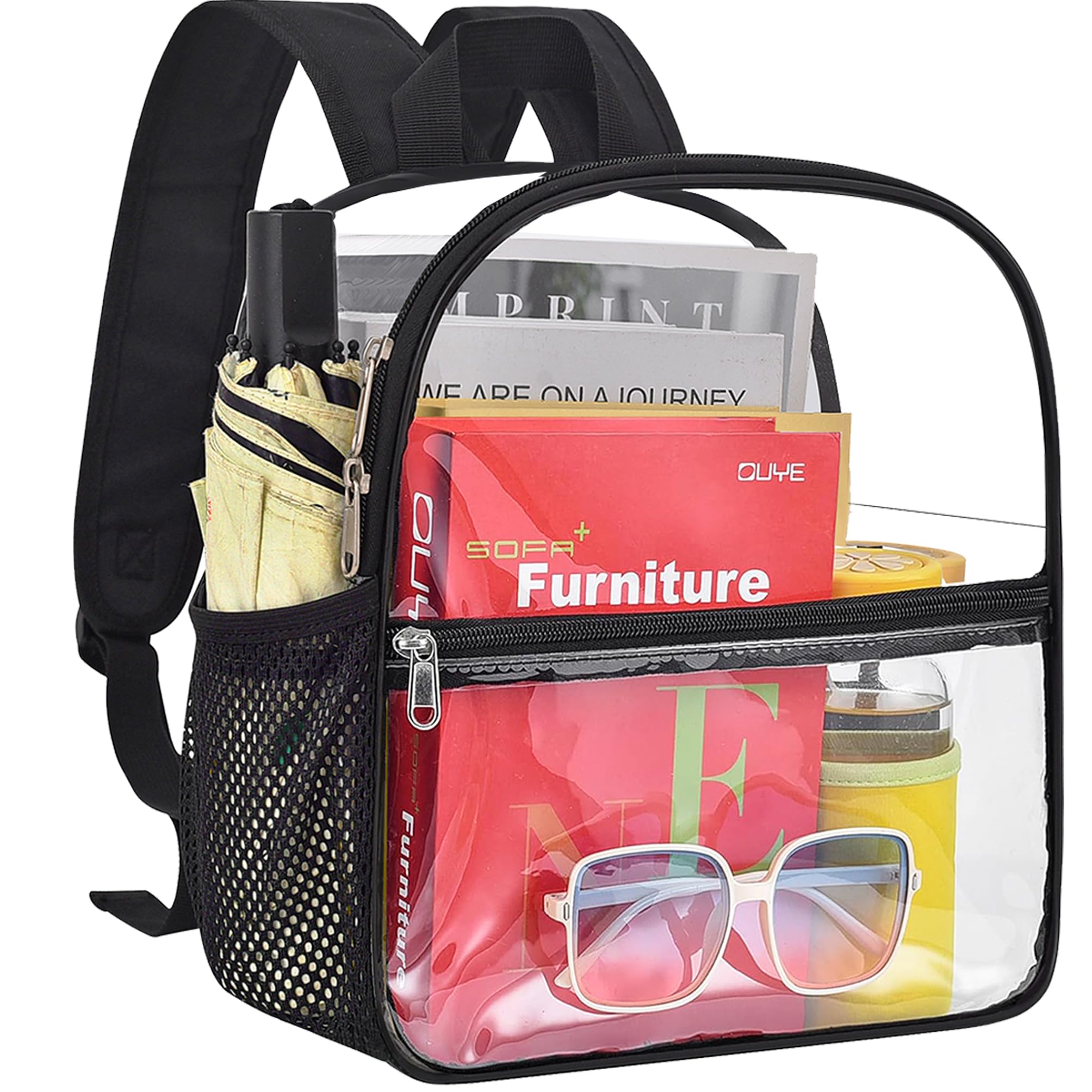 Busiuw Clear Backpack for Stadium Events - 12x12x6, Mini Small Clear Bag Sports Fan Backpacks with Front Pocket for Concert Sport Events Work Travel(