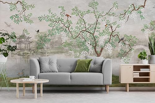 Miniatura 4 de Murwall Nature Wallpaper Japanaese Garden Wall Mural Misty Lake Landscape Wall Print Asian Style Birds Wall Art Livingroom Bedroom Entryway