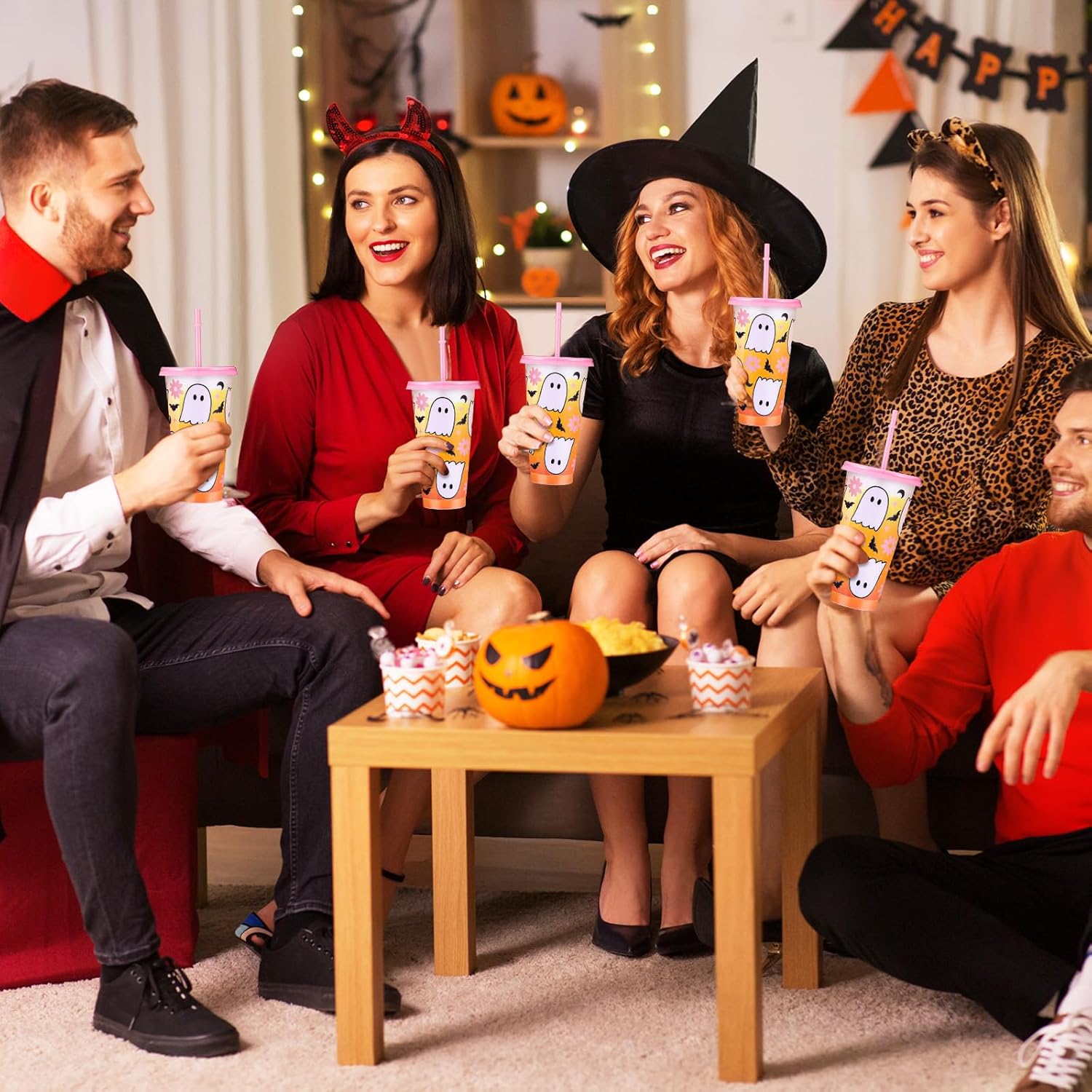 12 Pcs Halloween Plastic Cups with Lids and Straws 24 oz Reusable Pink Halloween Tumbler Ghost Drinking Coffee Cup for Women Home Office Decoration Birthday Party Favors - Image 7