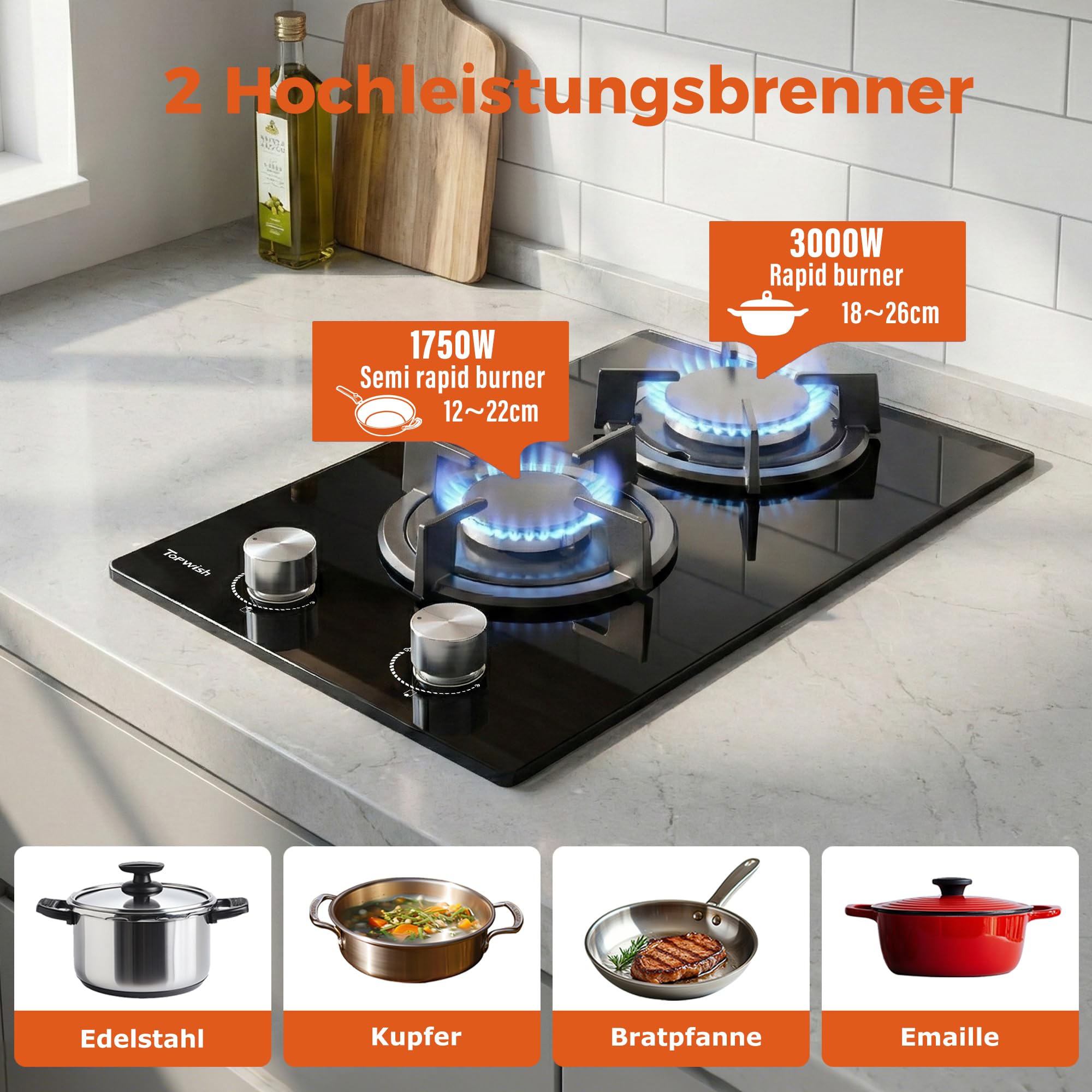 TOPWISH Gaskochfeld 2 flammig 30cm NG/LPG konvertierbar Zündautomatik Thermoelementschutz 4750W