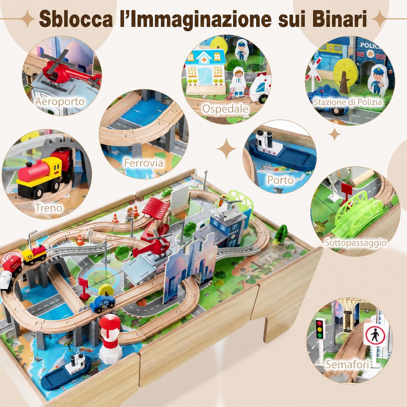 COSTWAY Tavolo Attività per Bambini 3+ Anni, con 110 pz Giocattoli Trenino | Tavolino Creativo con Cassetto e Piano Reversibile e Rimovibile, con Binari, Sistema di Traffico e Mappa, per Gioco e Studio