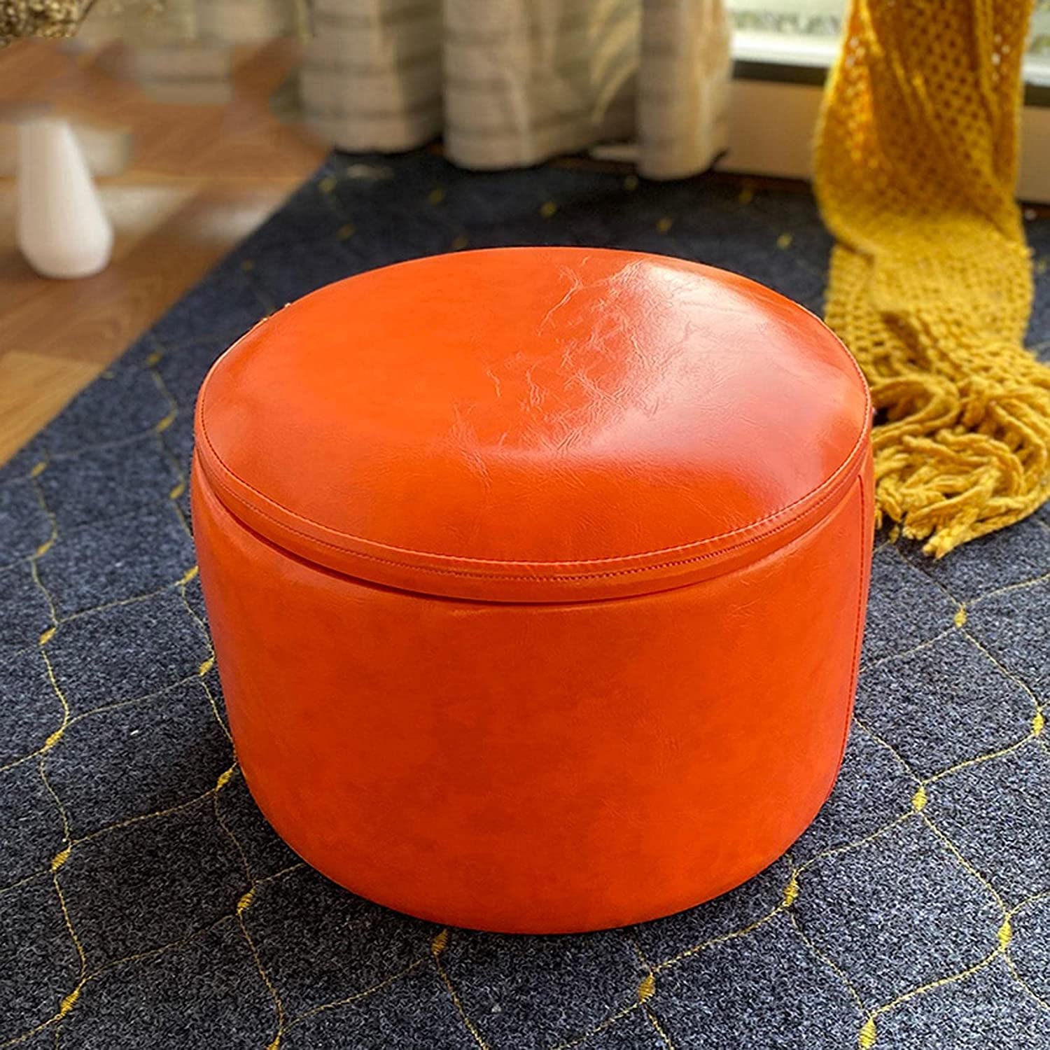 Tabouret de rangement en cuir orange 29x33cm pour l'entrée