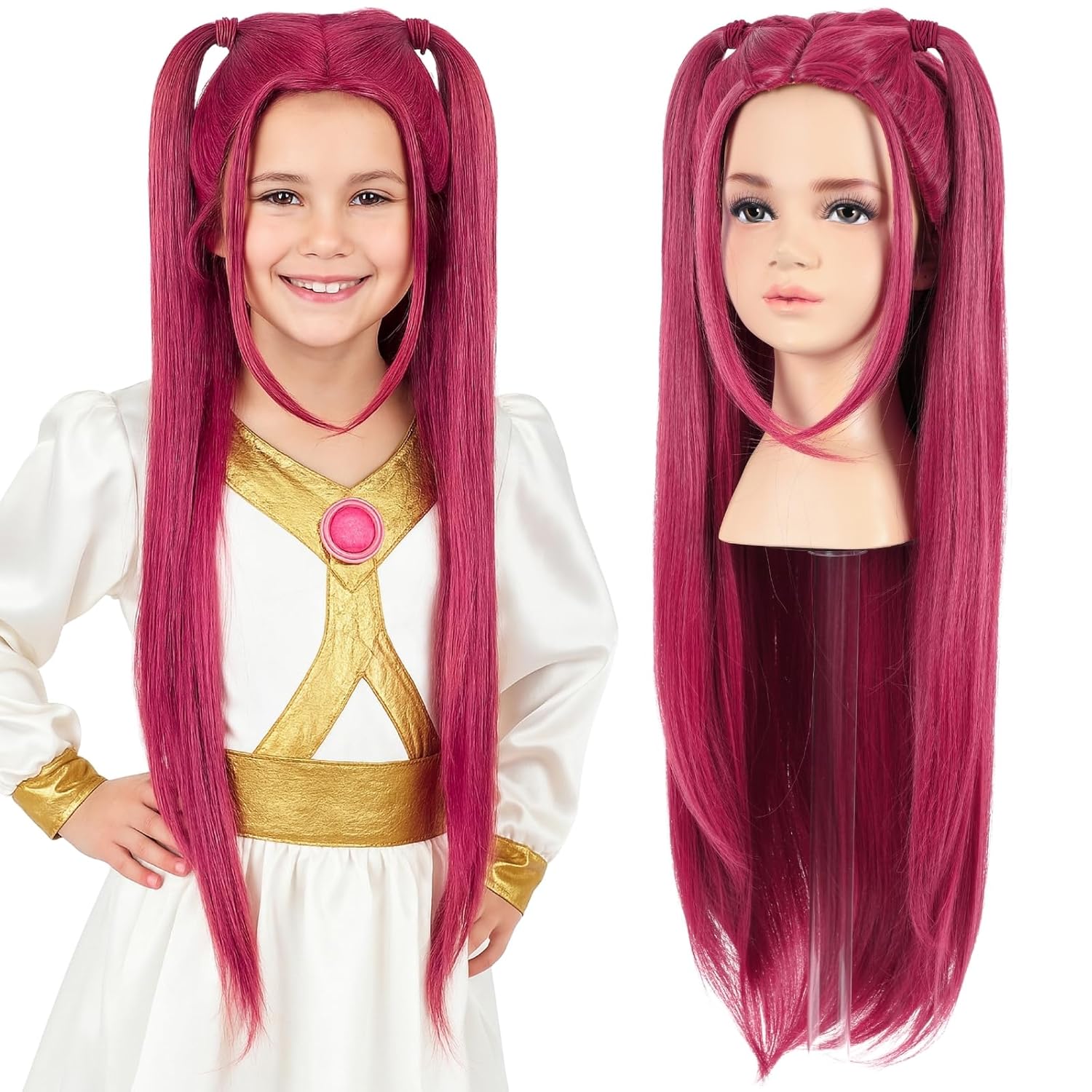 morvally 27.6 Inches Long Red Pink Wig with 2 Ponytails - Anime Cosplay Wigs for Halloween Costume Party (Red, Small Head)