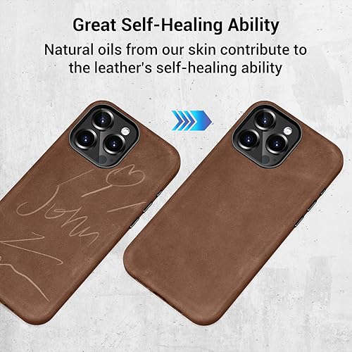 Miniatura 6 de Belemay Magsafe - Funda de piel compatible con iPhone 15 Pro, piel de caballo loco vintage de grano superior, botones de metal y bisel de la cámara,