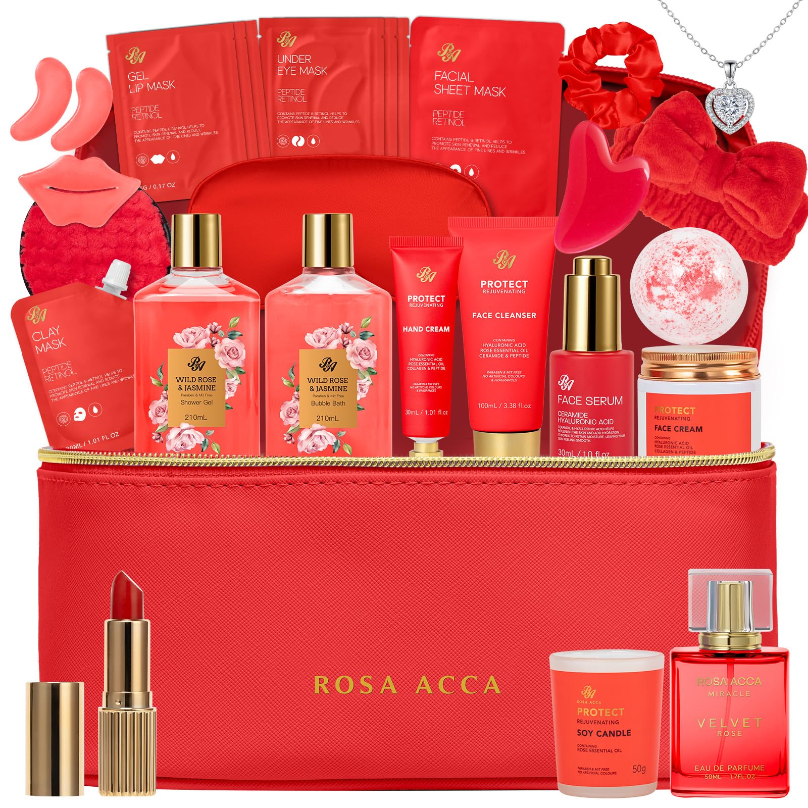 25 Pcs Valentines Day Gifts for Women, Red Rose Bath & Body Gift Set, Hydrating Skin Care Set, Luxury Self Care Gifts, Cosmetic Bag, Face Serum, Necklace, Christmas, Birthday, Mothers Day