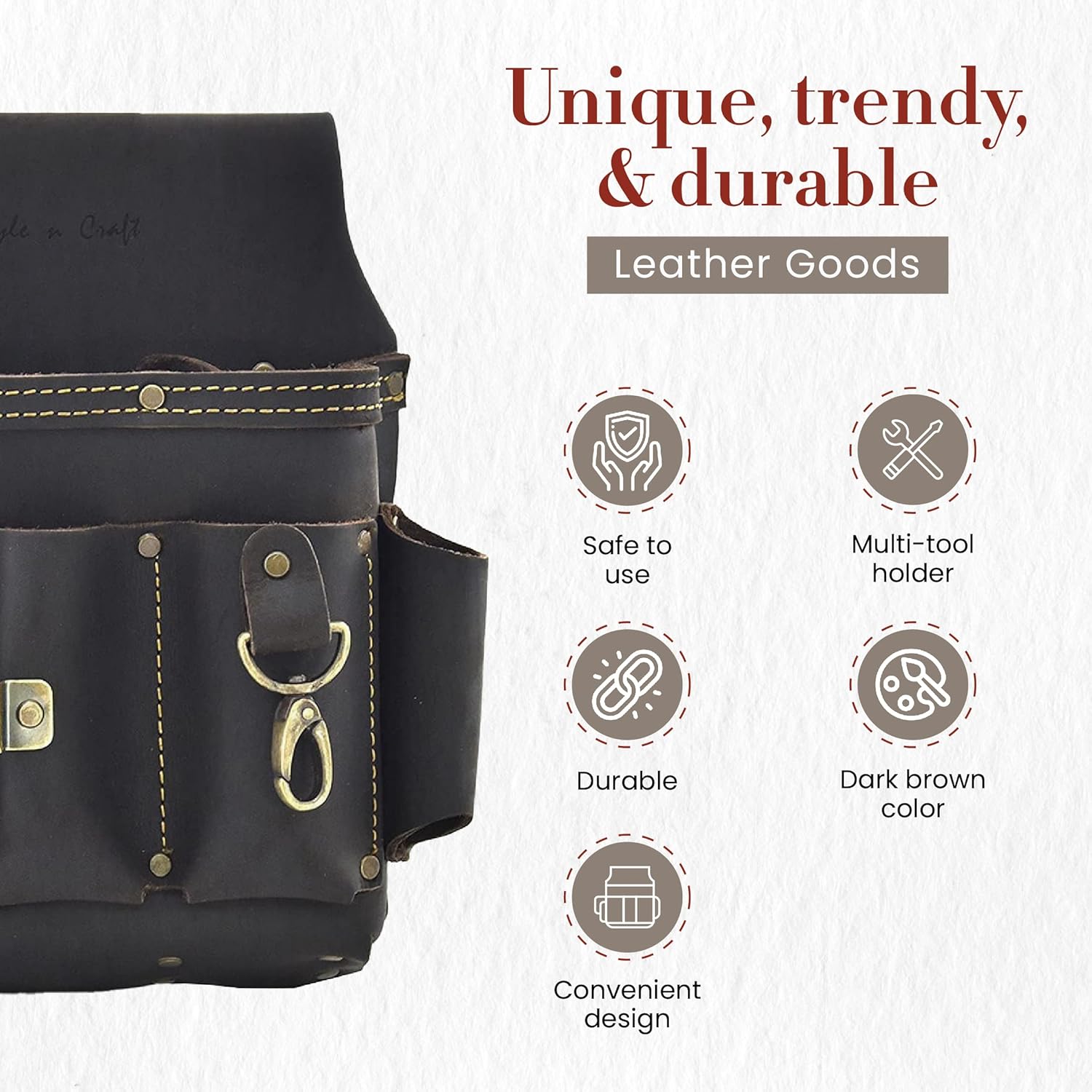 Style n Craft 10-Pocket Electrician's Tool Pouch, Heavy-Duty Leather with Metal Tape Clip, Metal Tape Chain and Fixed Snap, Durable Full-Grain Leather Pouch