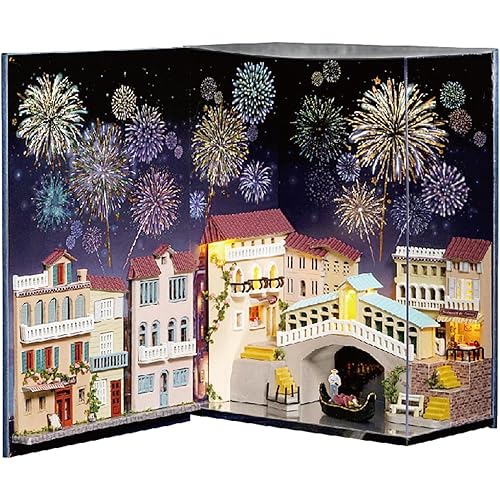 DIY Book Nook Kit, Miniature 3D Wooden Puzzle, Bookshelf Insert Decor, Mini Water City Bookend Dollhouse Building Kit, Creative Craft with LED Lights, Birthday Gift for Adults Men Women
