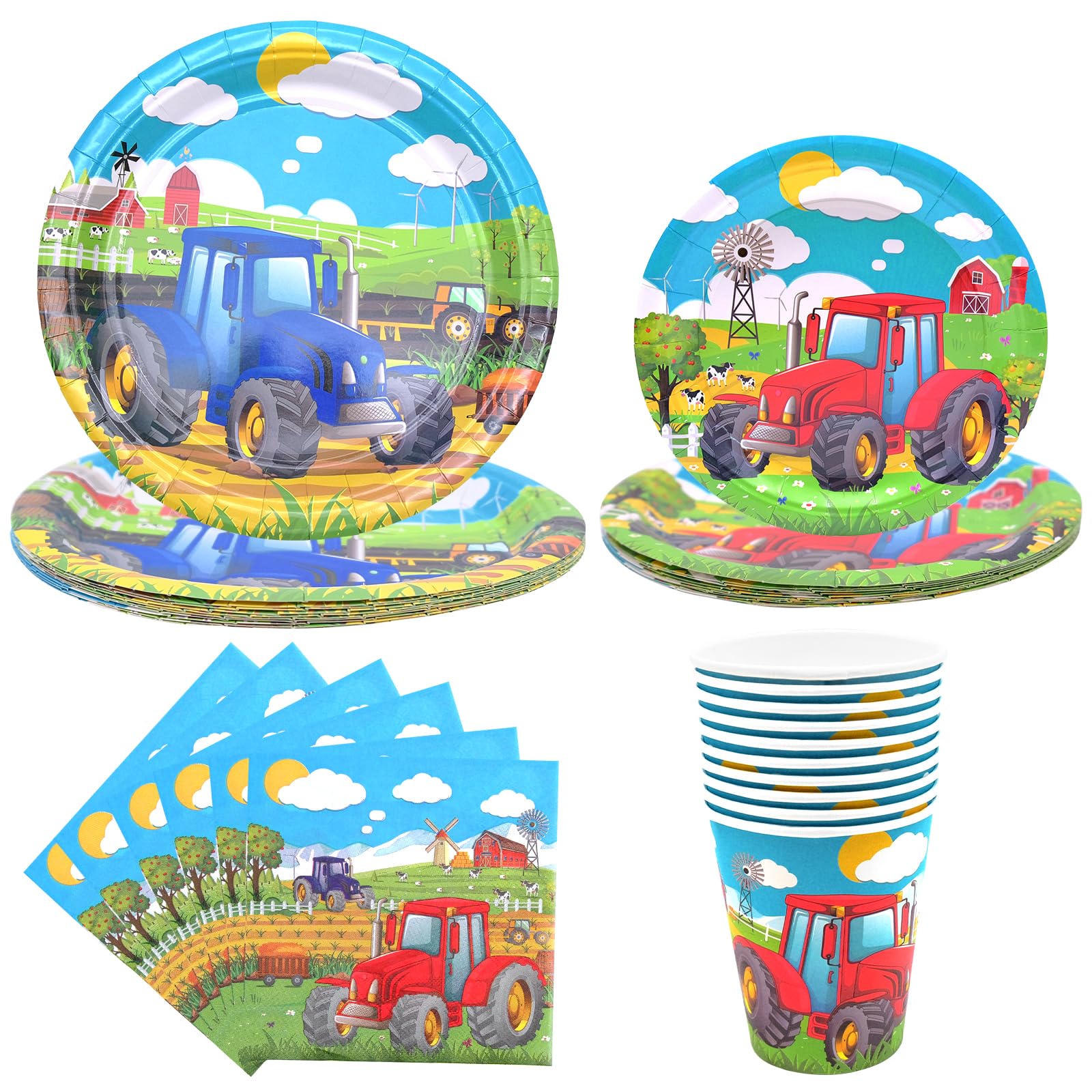 Cisolen 50 Pieces Digger Birthday Party Tableware Construction Excavator Parties Supplies Party Plates Cups and Napkins Disposable for Children's Theme Birthday Shower Decoration (Farm Tractor)