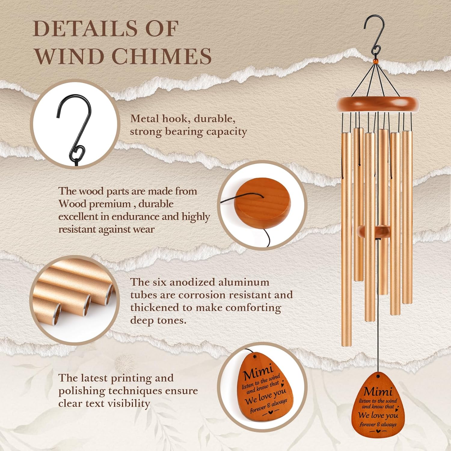 Aurahouse Mimi Gifts Wind Chimes 36'', Mimi Birthday Gifts, Gift for Mimi, Mimi Gift Ideas from Grandkids for Thanksgiving, Christmas, Valentines Day, Mothers Day