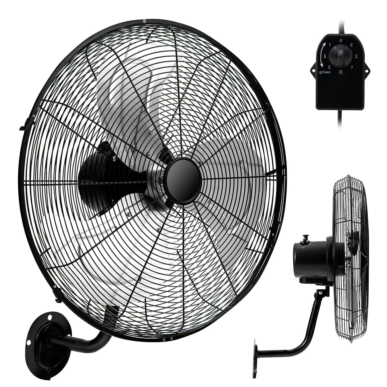 RELAX4LIFE Ventilateur Mural Industriel Dia.55CM à 3 Vitesses, Ventilateur Mural Oscillant 120W, Rotation Horizontale Verticale, Cadre en Fer et Pale en Alu (Noir)