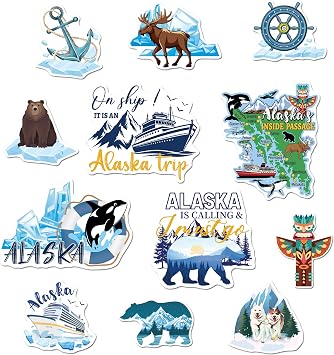 Cruise Door Decorations Magnetic, 12 Pcs Alaska Cruise Door Magnets with Scenic Wildlife Nautical Designs, Alaska Cruising Must Haves Magnetic Ship Cabin Signs Fridge Magnets Decor