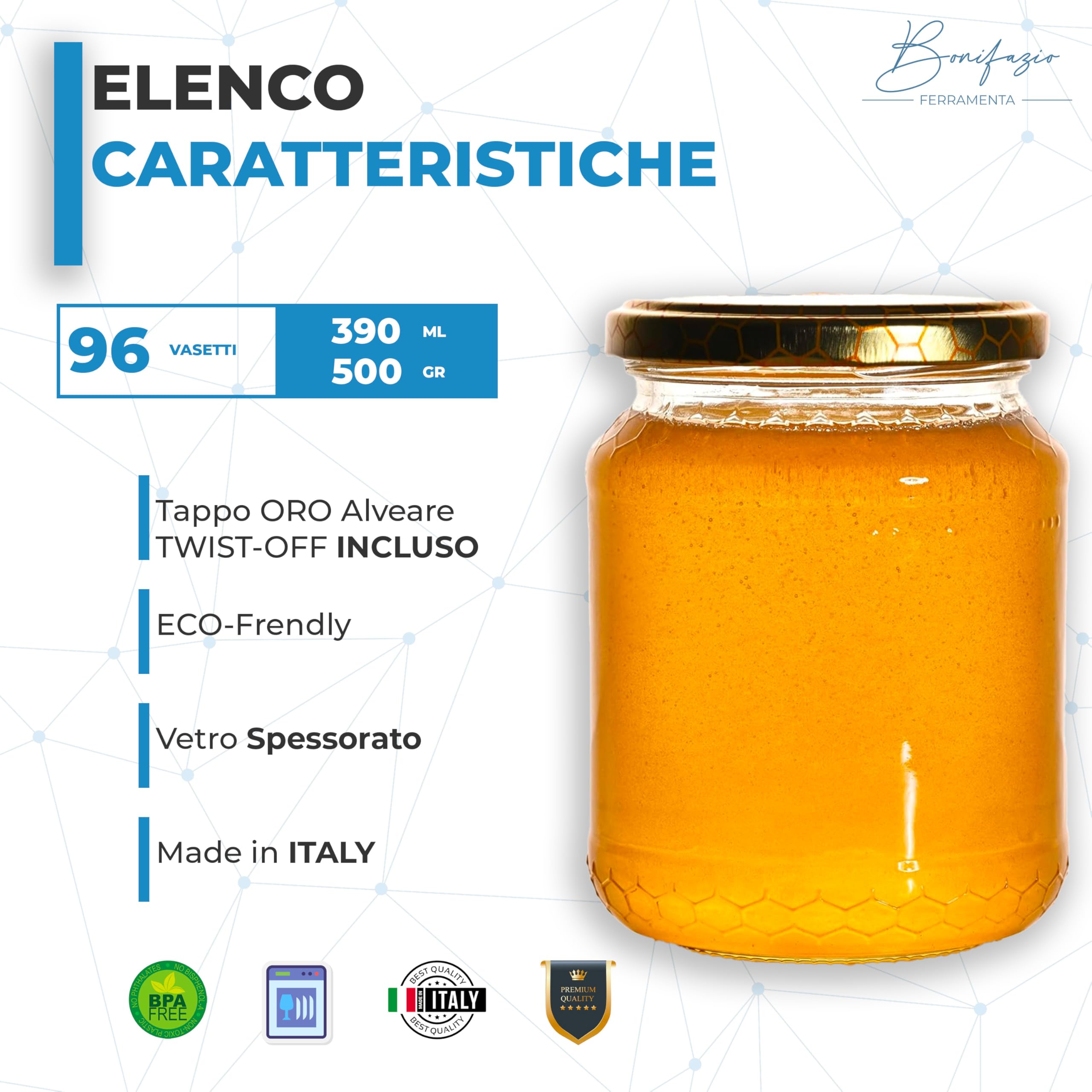 Set Completo di 96 Barattoli da 390ml - 0,5Kg con Tappo Color Oro, Vaso Ideale per la Conservazione di Miele, Marmellata,e Altri Alimenti (96 pezzi da 390ml - 0,5Kg)