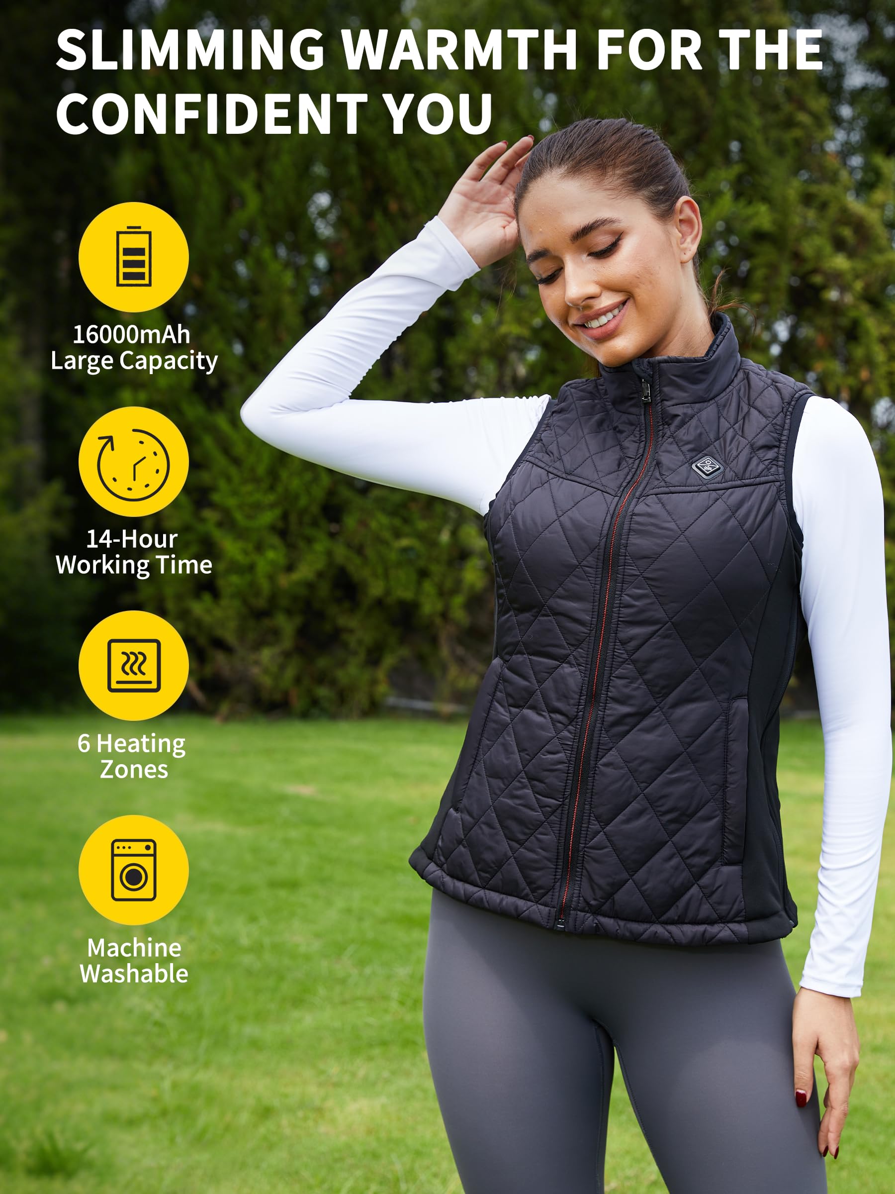 Chaleco Calefactable Mujer, Chaqueta Calefactable con Bateria 16000mAh, Chaleco Termico Eléctrico Ligero con 6 Zonas Calefactables 3 Niveles de Temperatura
