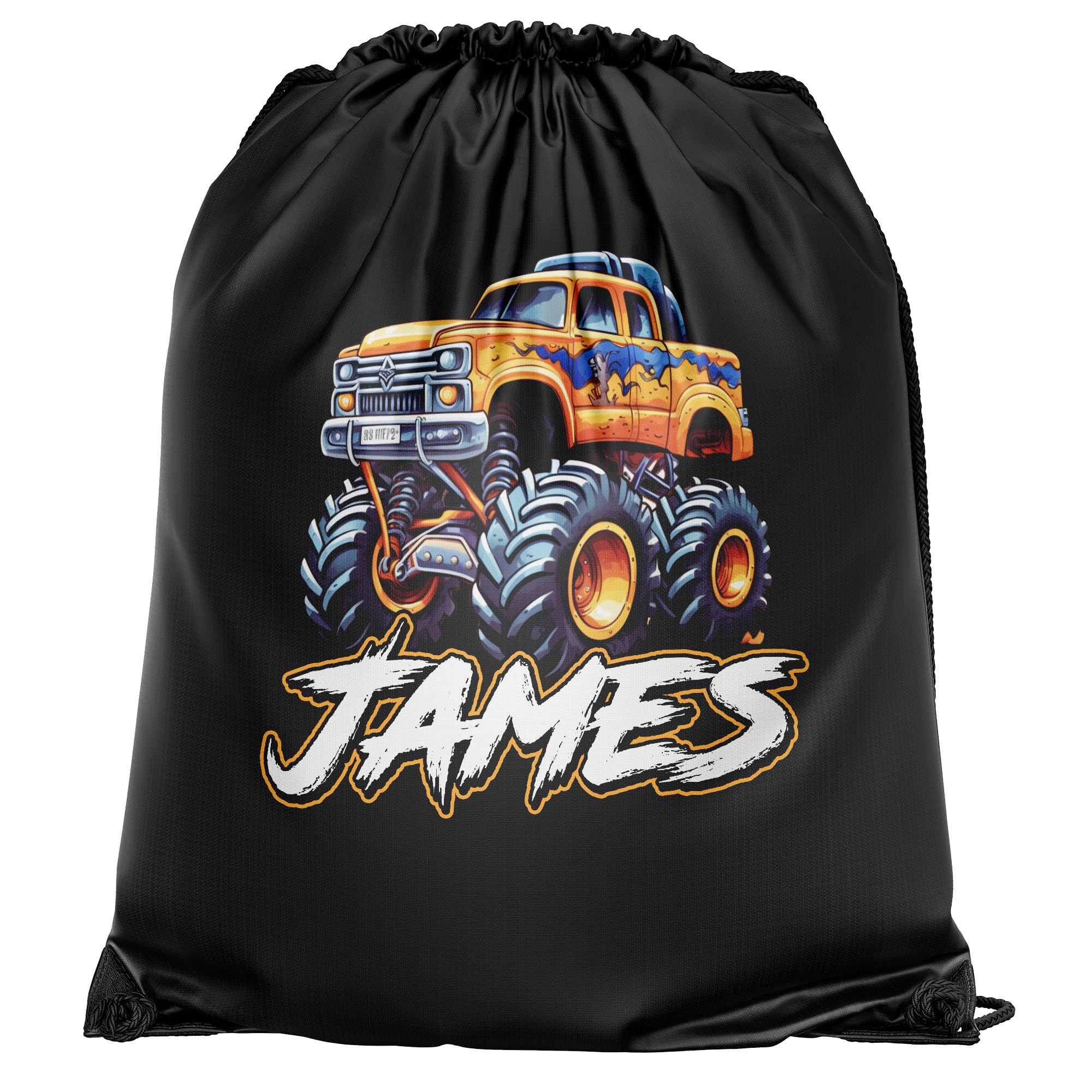 Orange Monster Truck Personalised Drawstring Bag for Boys Off Road Track Back to School PE Sports Kids Bag, One Size, Black