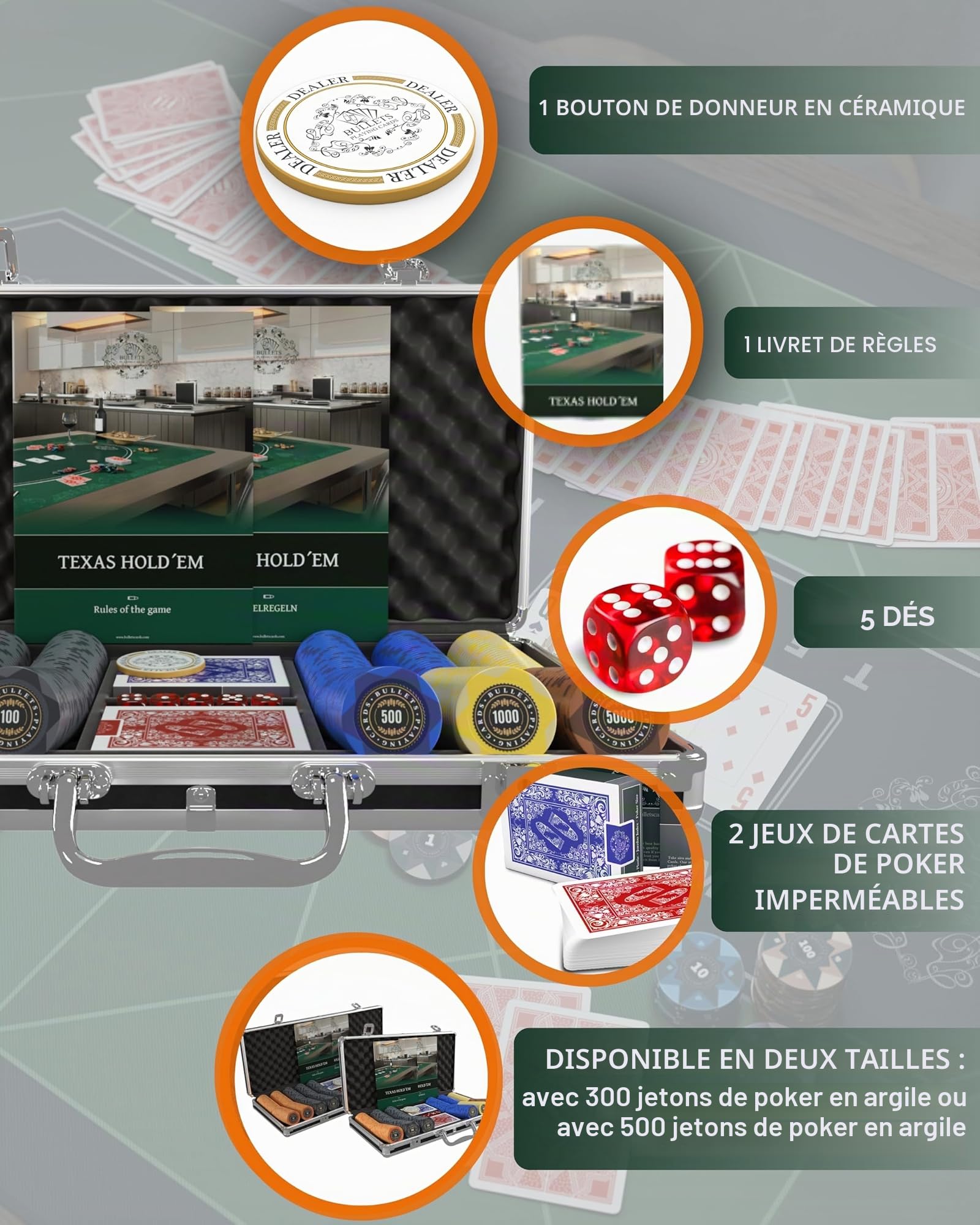 Bullets Playing Cards | Mallette de Poker 300 Jetons Clay 12g – Coffret Complet avec Cartes, dés et Bouton Dealer en céramique – Design Adriana