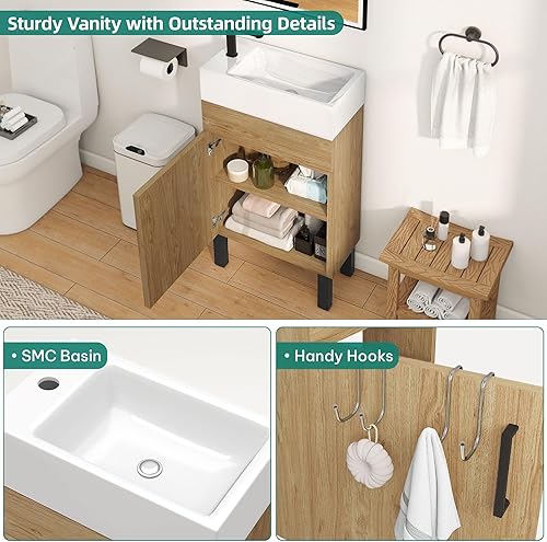 Miniatura 4 de DWVO Combo de tocador de baño de 16 pulgadas para espacio pequeño, gabinete de baño independiente con fregadero de cerámica bajo cubierta, tocador