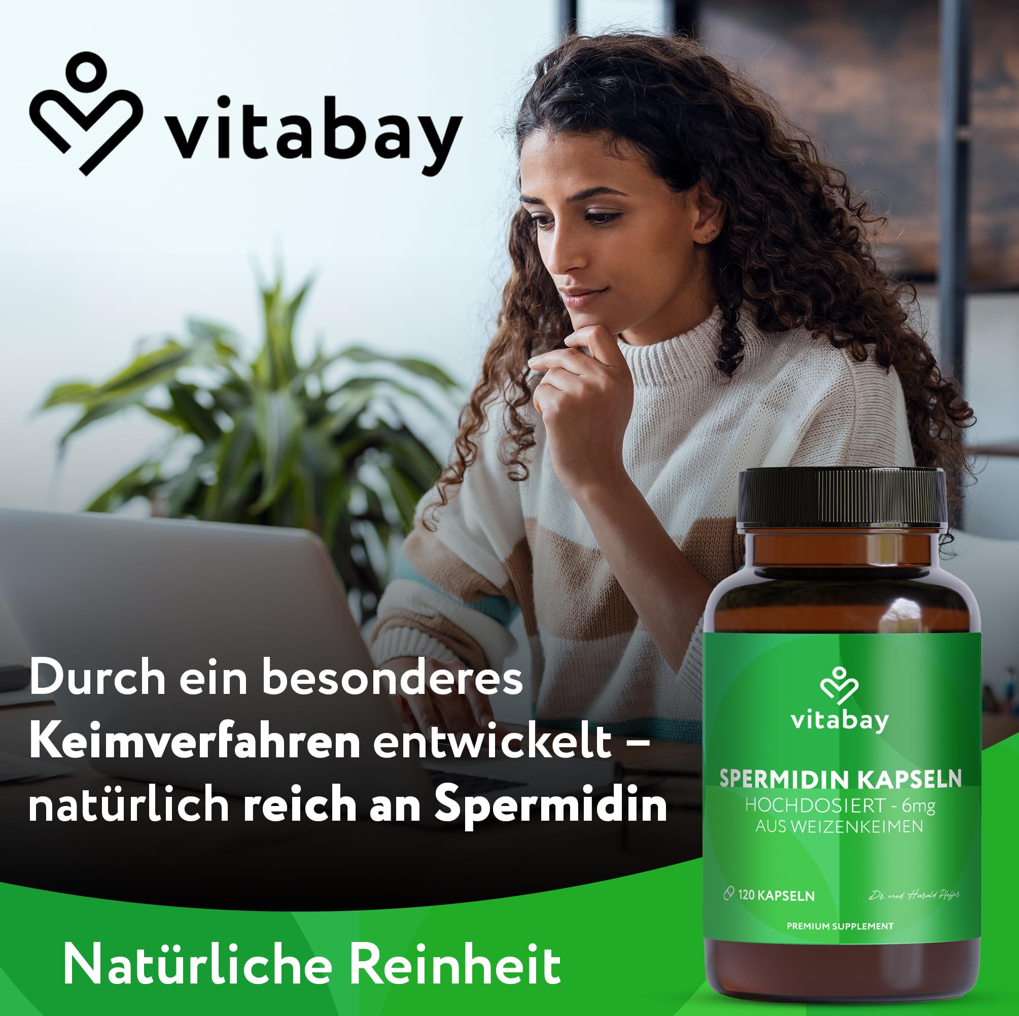 Vitabay Spermidin 6 mg Hochdosiert – 120 vegane Kapseln mit fermentiertem Weizenkeimextrakt – Natürlich hergestellt - Laborgeprüft in Deutschland & ohne Zusatzstoffe – Vorrat für 4 Monate