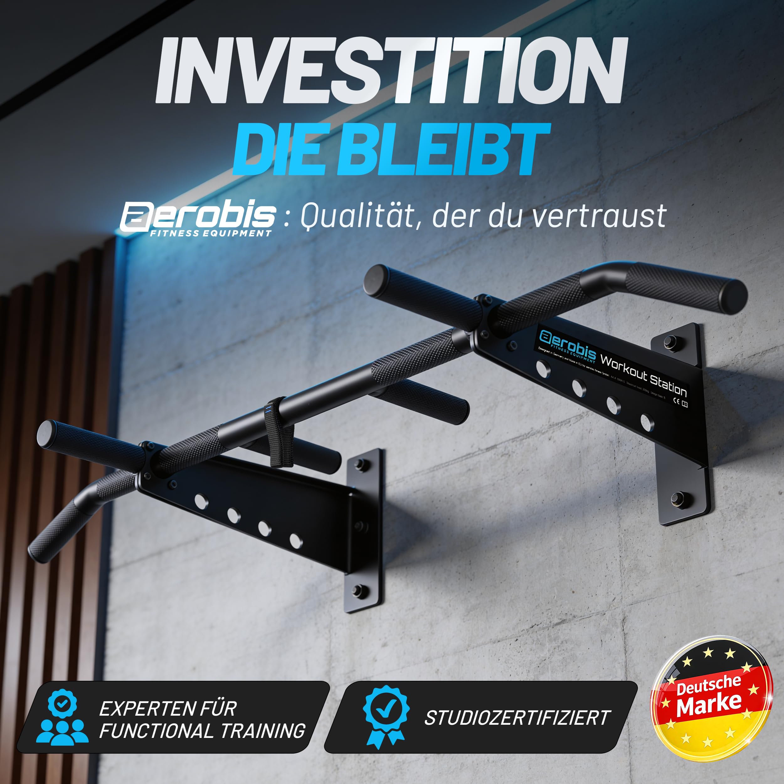 aerobis® Klimmzugstange Wand - Wand- & Deckenmontage bis zu 200kg | Inklusive Montageset & Schlingentrainer - Reckstange indoor, Trainingsstange, Klimmzug