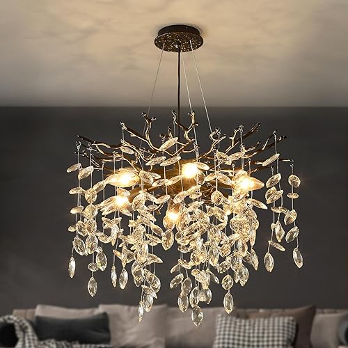 EGM Black Tree Branch Crystal Chandelier, 18 Inch Modern Dining
