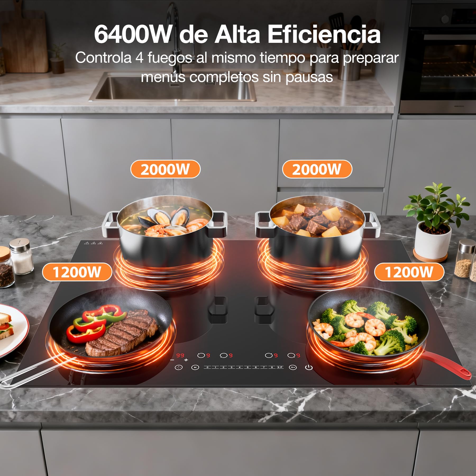 Placa de Inducción 4 Fuegos 6400W, Placa Encastrable 77cm para Cocinas Grandes, Control Táctil 9 Niveles con Boost, Temporizador, Bloqueo Infantil, Cristal Cerámico Fácil de Limpiar