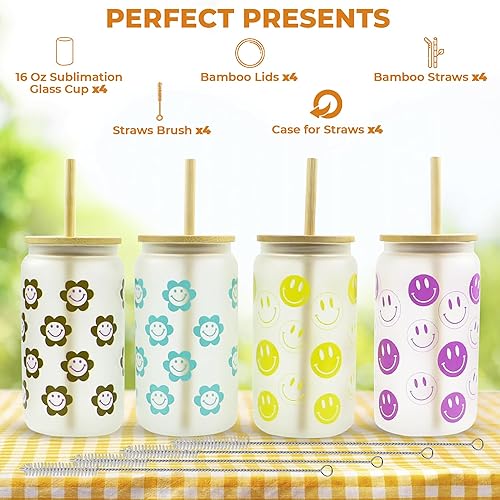 Miniatura 2 de Juego de 4 vasos de vidrio por sublimación, 16 onzas, vaso de cerveza con tapas y pajita, vasos de vidrio esmerilado con tapas y pajitas, vaso de