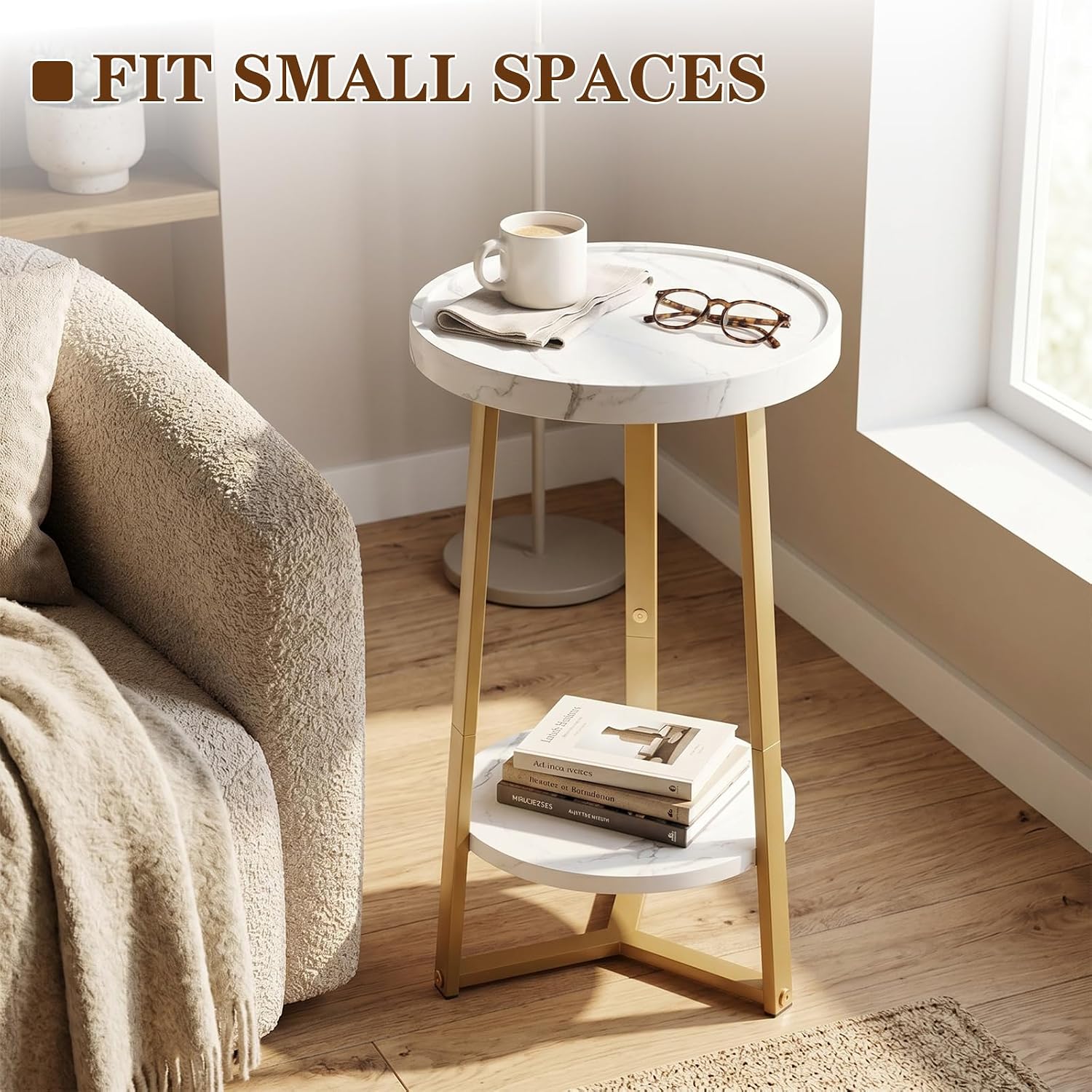 Round Side Table, 2-Tier Small End Table, Drink Table for Small Spaces,Modern Accent Nightstand with Legs for Couch,Sofa,Living Room, Bedroom, Corners, and Office,Compact Space (White+Gold)