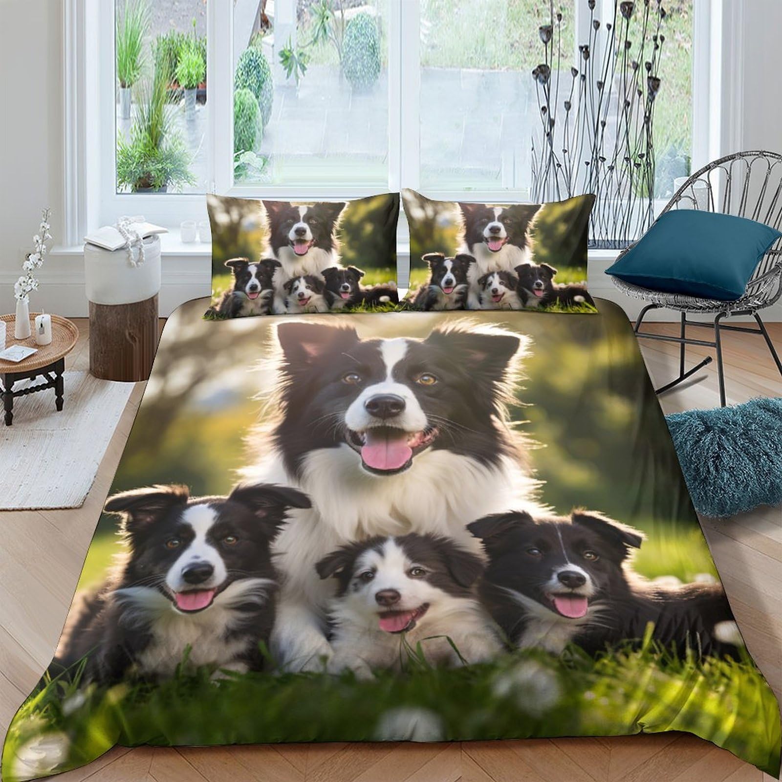 GPLZQXKJNH 3D Printed Border Collie Dog Family Duvet Cover Microfiber Soft Breathable Pet Animal Bedding Set with 2 Pillowcases for Bedroom Decor Single（135x200cm）