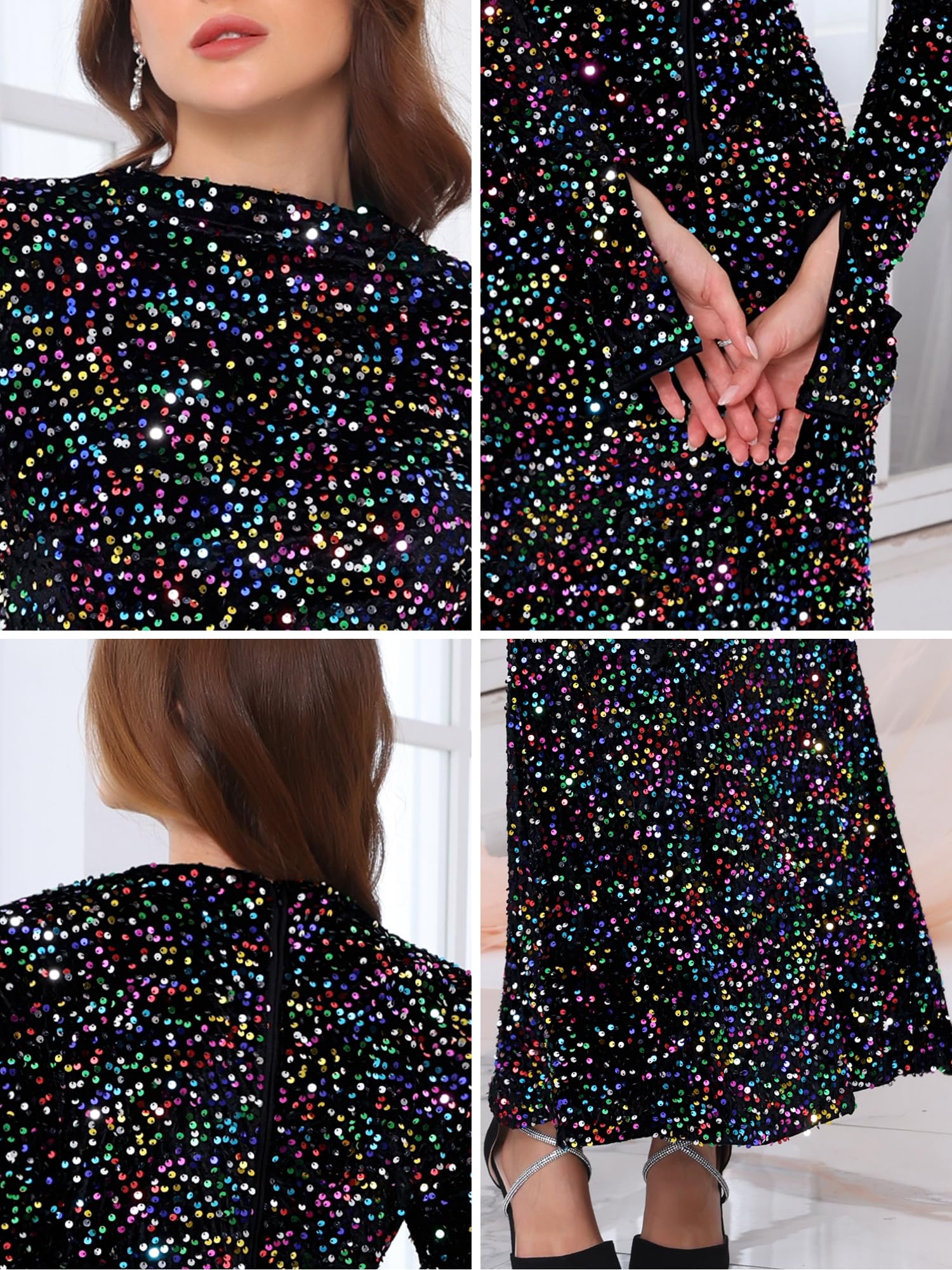 Femme Robe Maxi Bodycon Velours Sequins Cocktail Soirée | Détails Sequins Brillants Idéal pour Cocktail Soirée Bal Club Tissu Légèrement Extensible