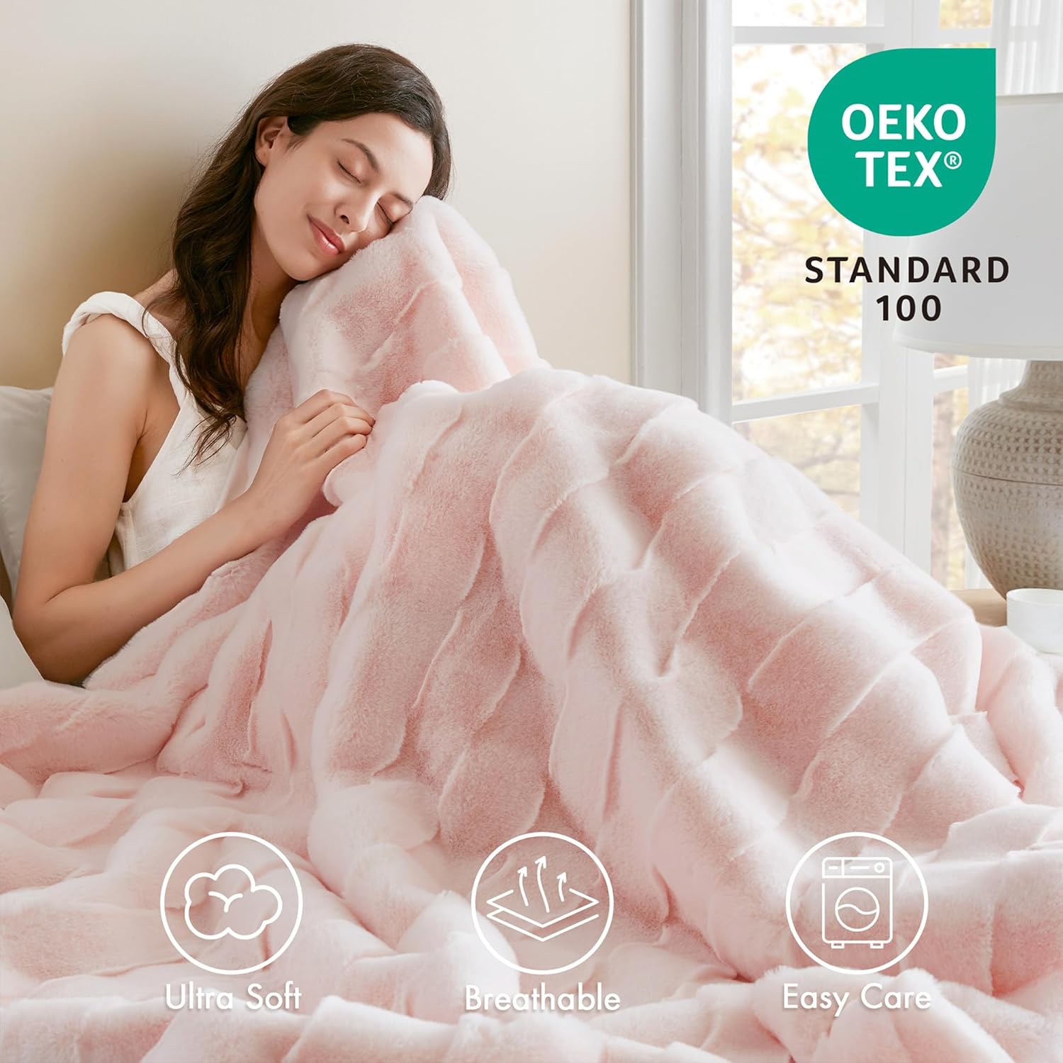 Madison Park Luxuriously Cozy Soft Long Faux Fur Basketweave Blanket, Reversible Soft & Snuggly Velvet Throw, Lightweight, Breathable, All Season, Trendy Room Décor, 50x60, Pink