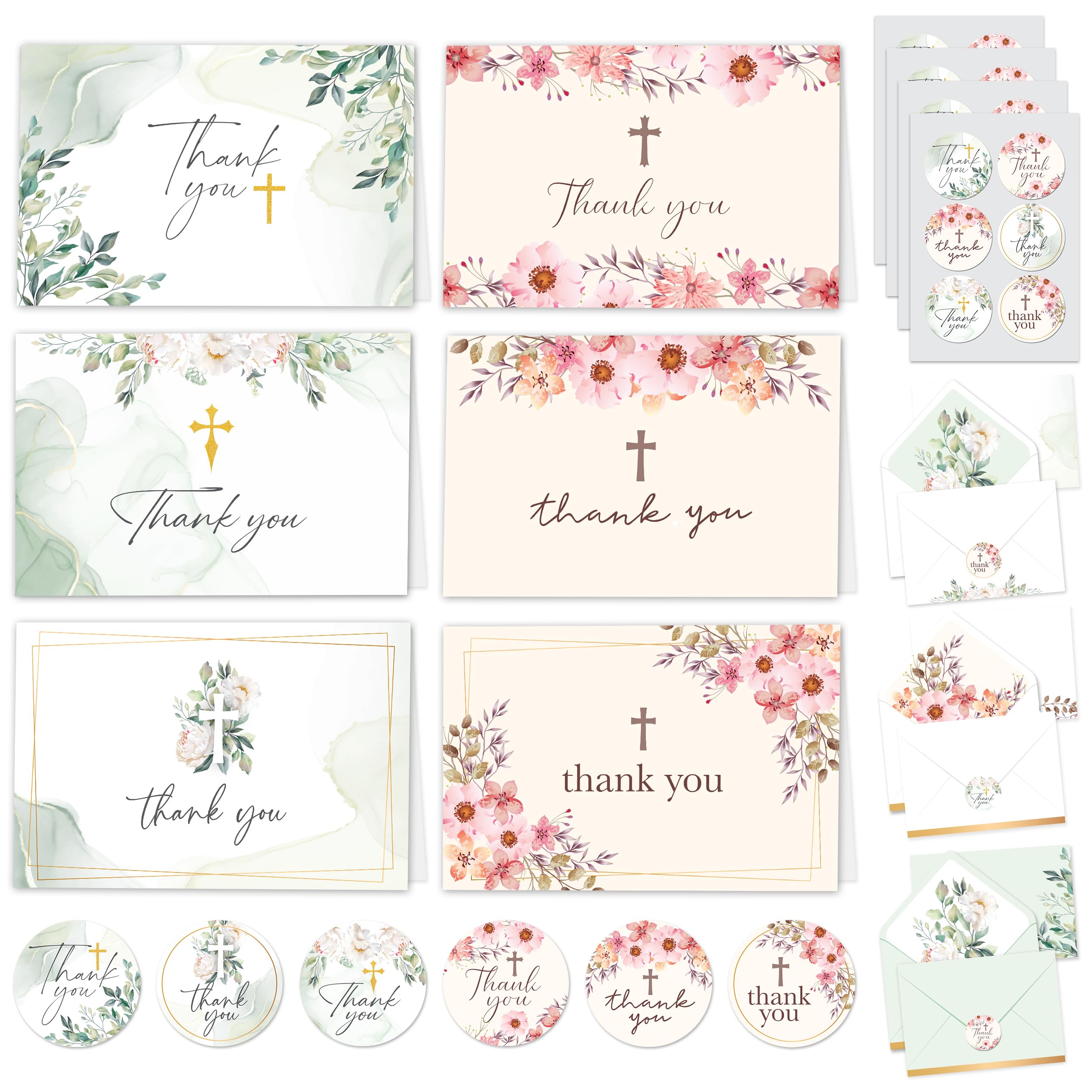 Decorably 24 Pack 6x4in Christian Thank You Cards with Envelopes and Stickers, 6 Designs Religious Thank You Cards
