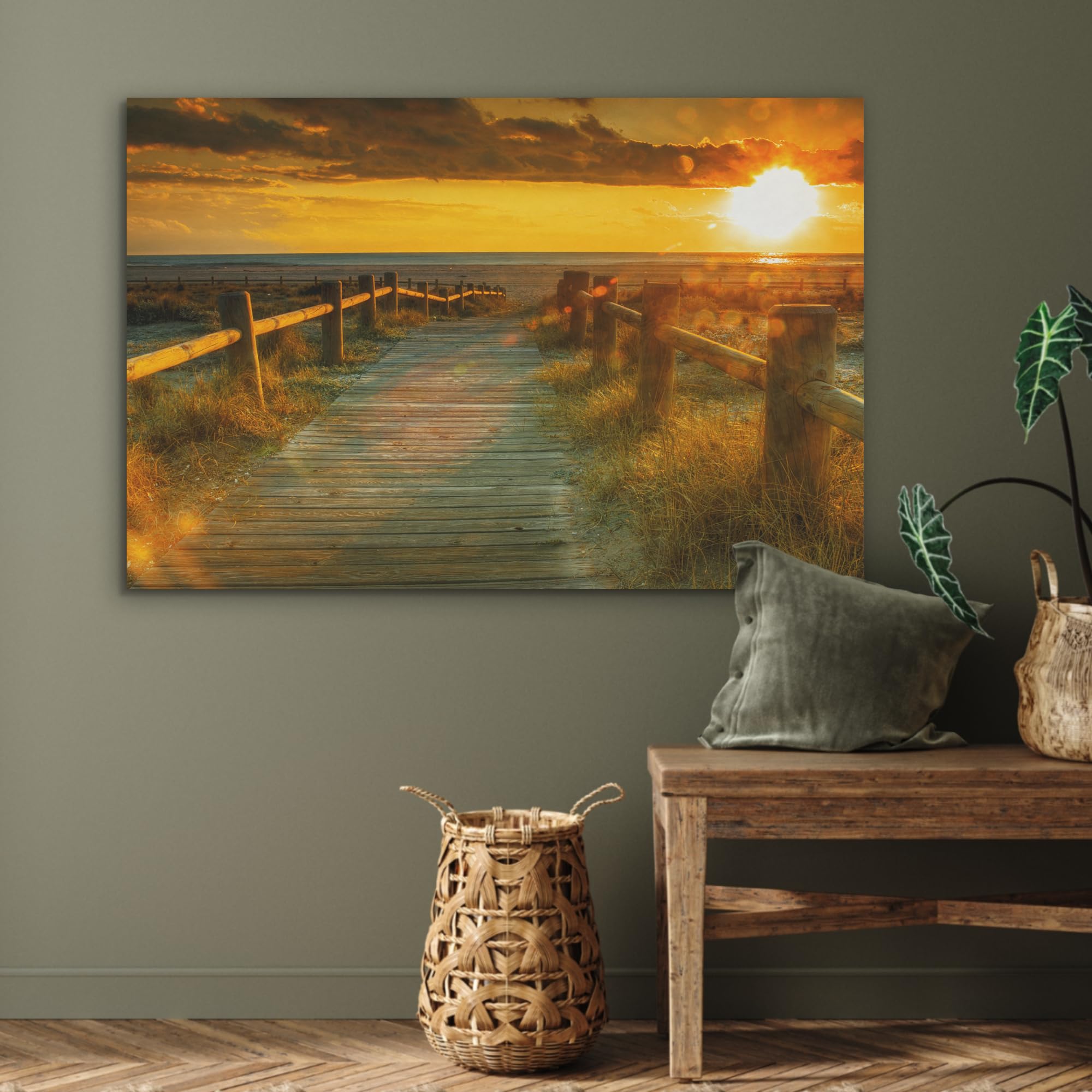 MuchoWow© Wandbilder aus Filz 100x70 cm Wohnzimmer Wanddeko Schlafzimmer Zimmerdeko Wandgemälde Zimmer Deko für die Wand Dekoration Wall Art Sonne - Strand - Düne - Horizont - Gras - Pfad