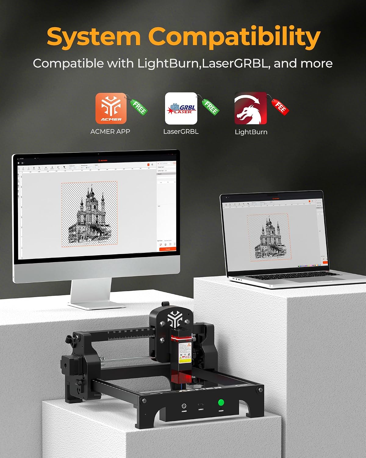Screenshot showing the ACMER T1 laser engraver connected to a desktop computer and a laptop, with icons for ACMER APP, LaserGRBL, and LightBurn software.