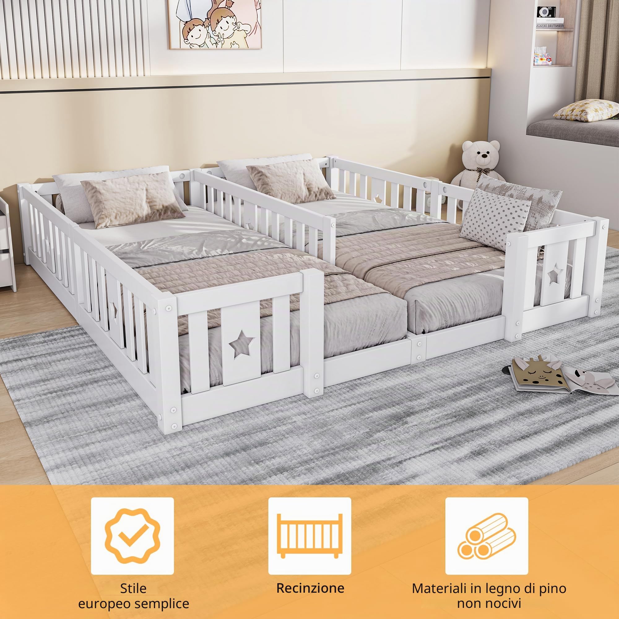 Letto Montessori Doppio 2x90x200 in Legno Massello, Letto Bambini con Sponde di Sicurezza, Letto a Terra per Cameretta, Letto Bambini Montessori, senza Rete a Doghe, Bianco